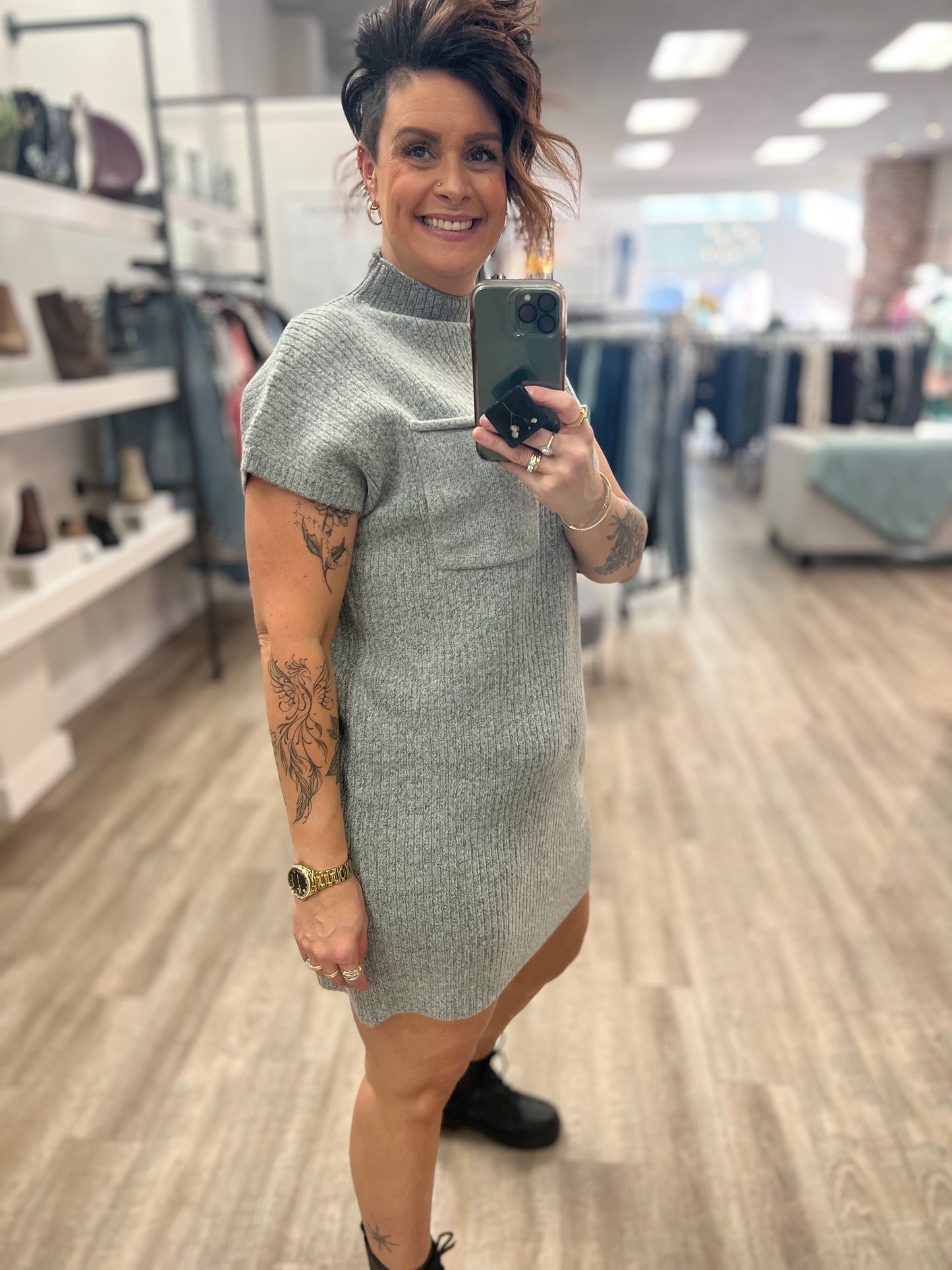 Mock Neck Short Sleeve Sweater Dress in Heather Grey