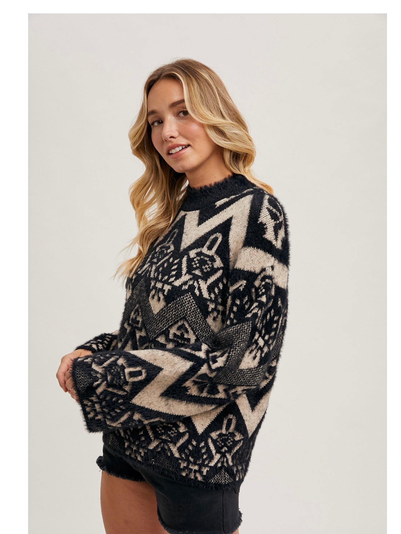 Aztec Mock Neck Knit Sweater in Black