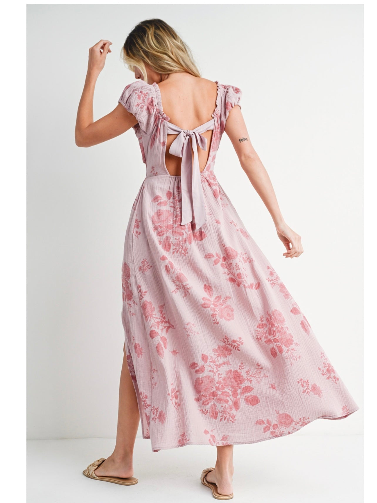 Floral Print Babydoll Maxi Dress in Dusty Pink