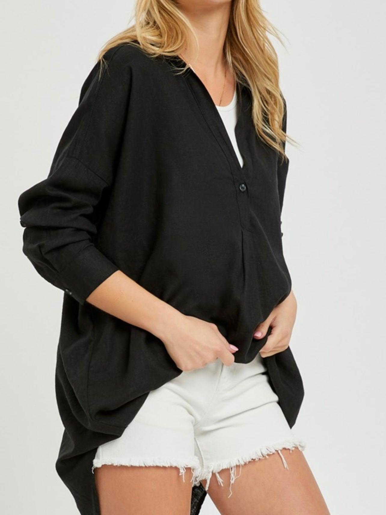 Oversized Popover Linen Shirt in Black