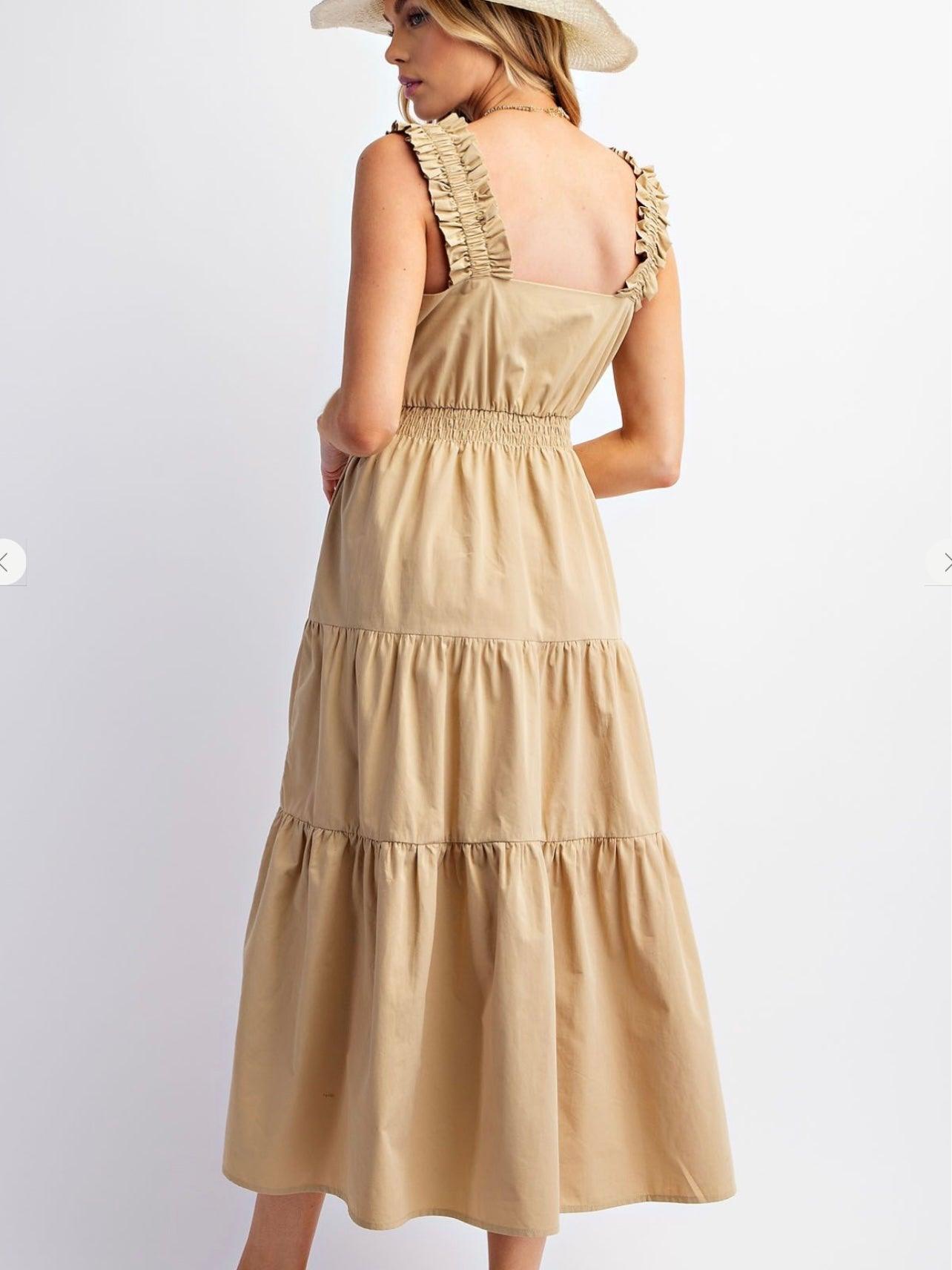 Ruffle Strap Cotton Poplin Tiered Maxi Dress in Khaki