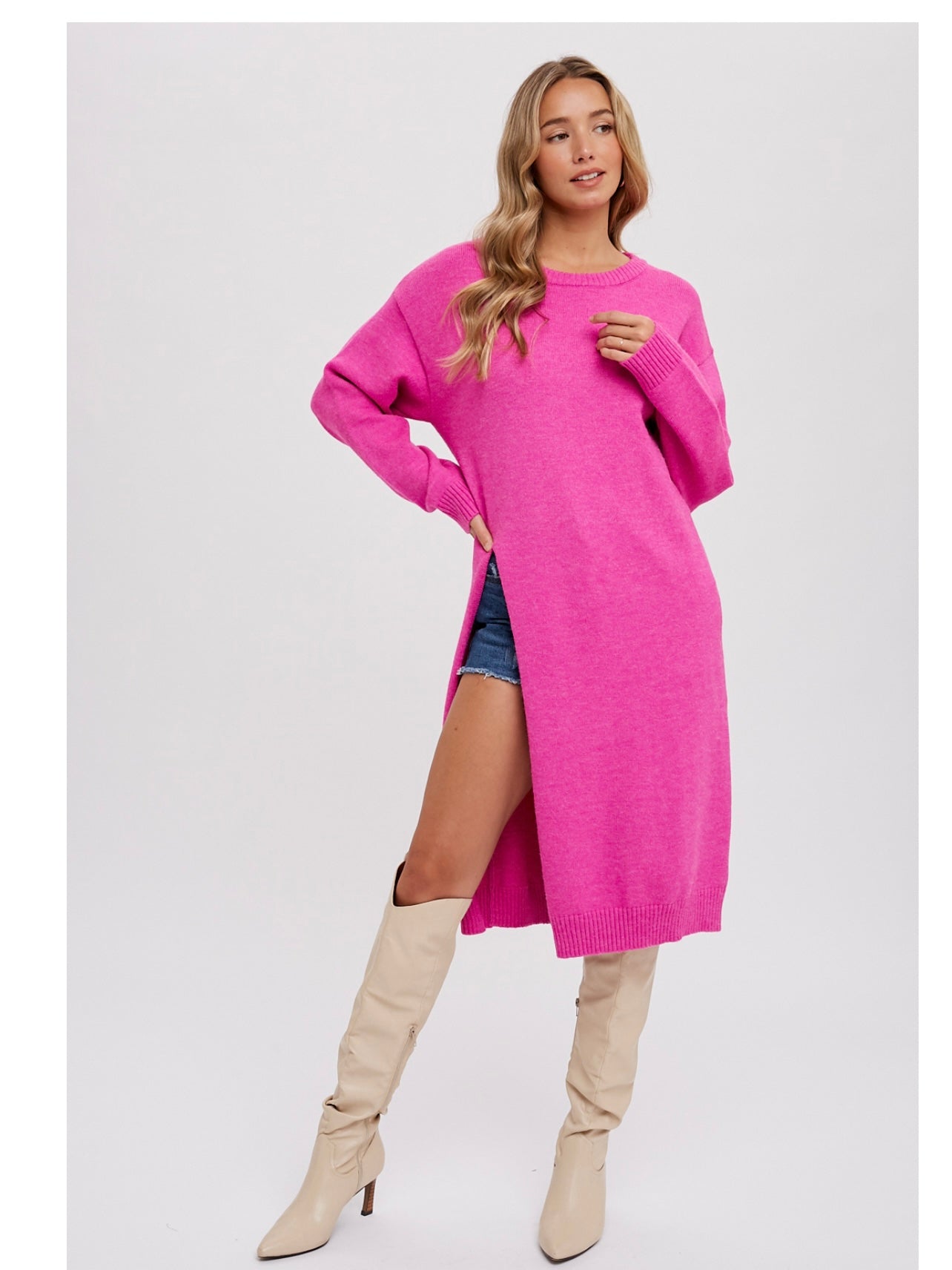 High Slit Longline Pullover in Hot Pink