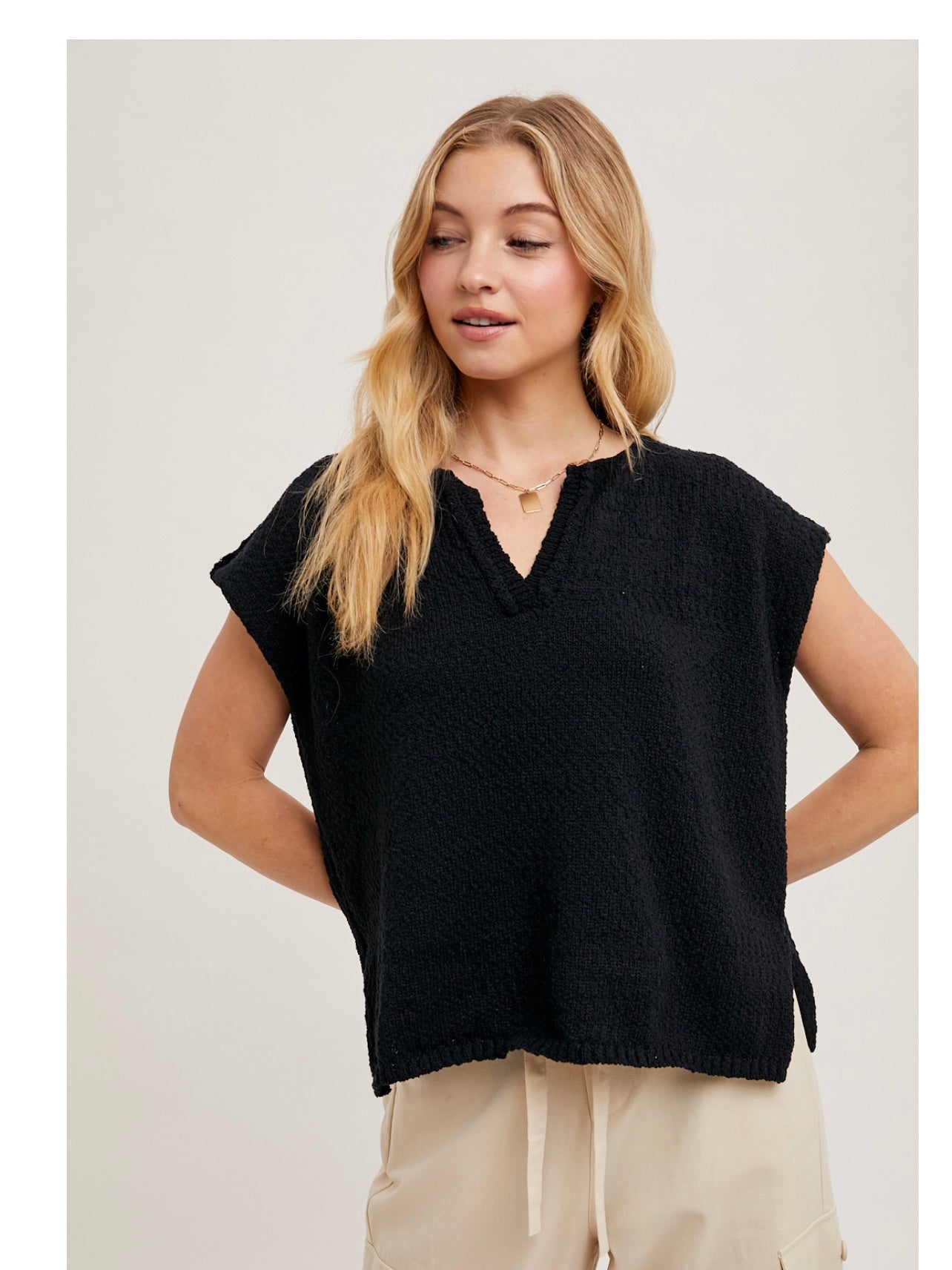 Sweater Knit Split-neck Top in Black