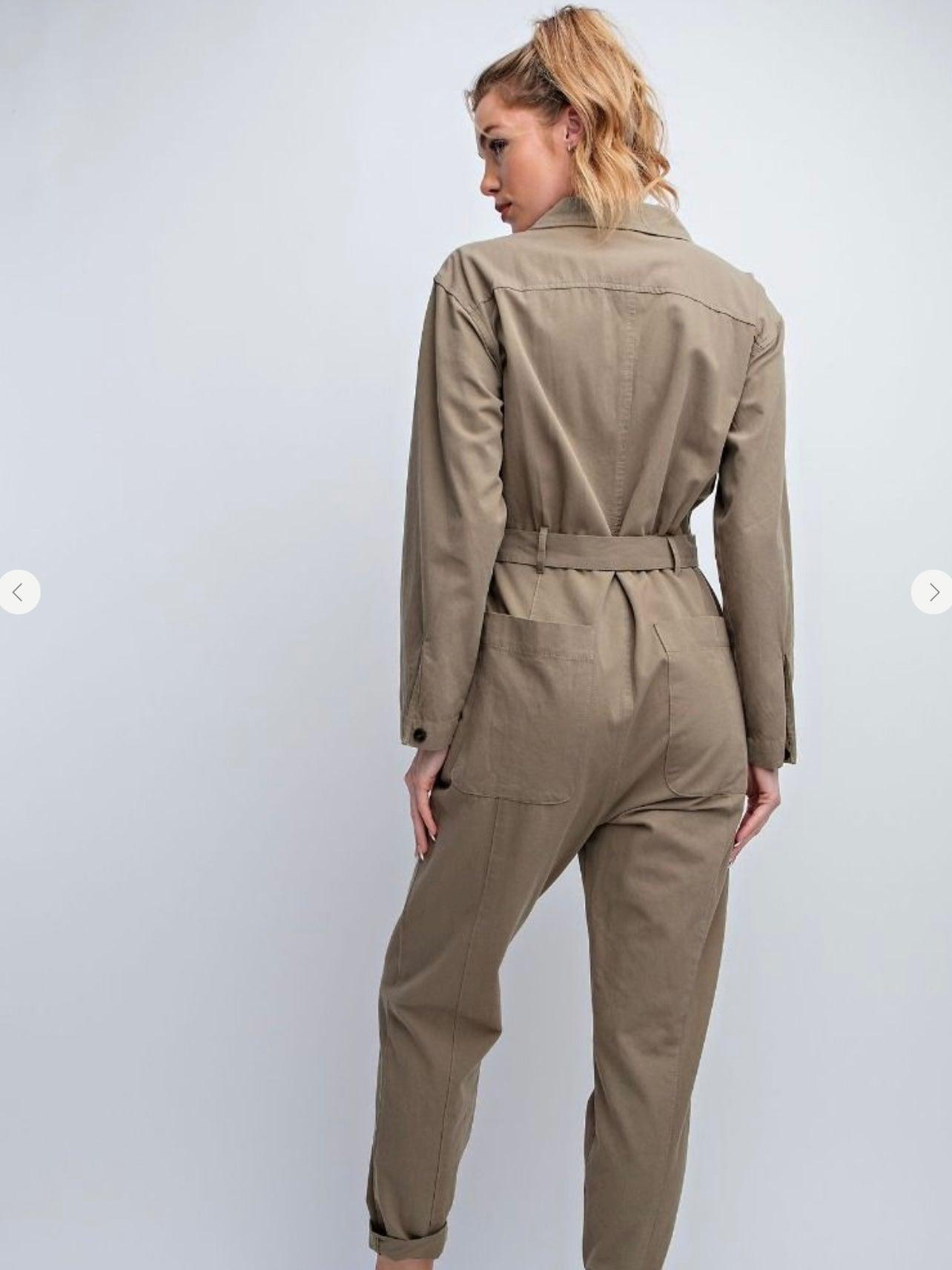 Button Down Jumpsuit in Faded Olive