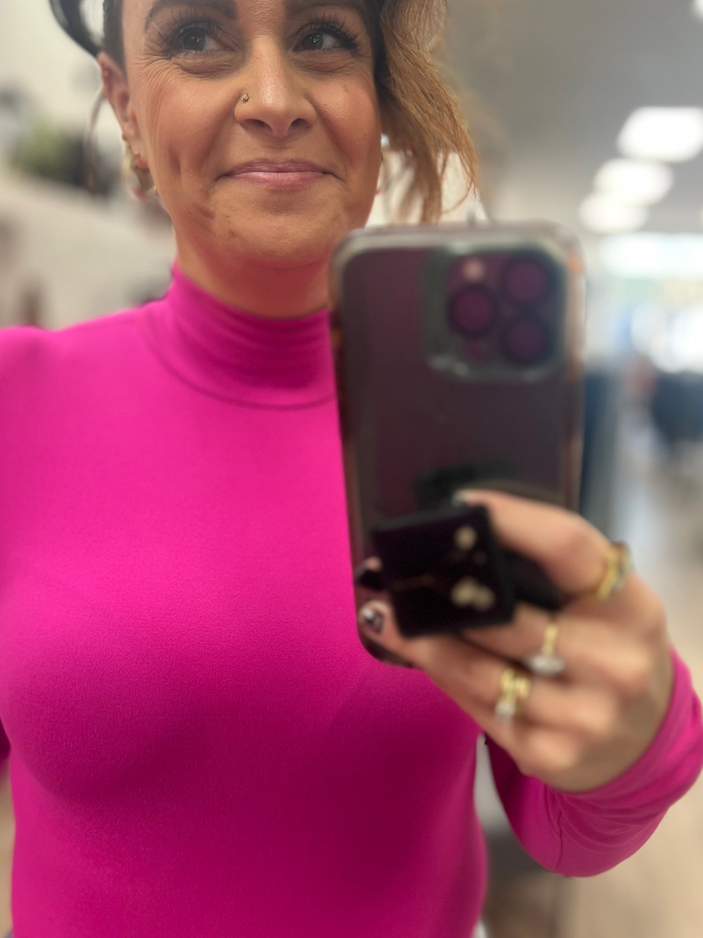 Mock Neck Long Sleeve Bodysuit in Neon Hot Pink