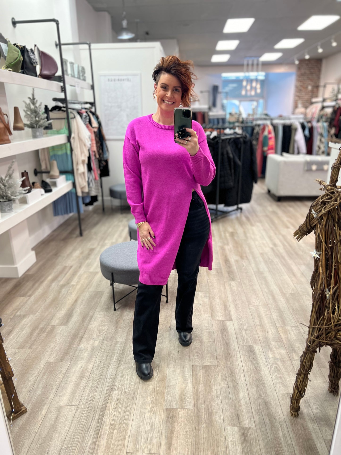 High Slit Longline Pullover in Hot Pink