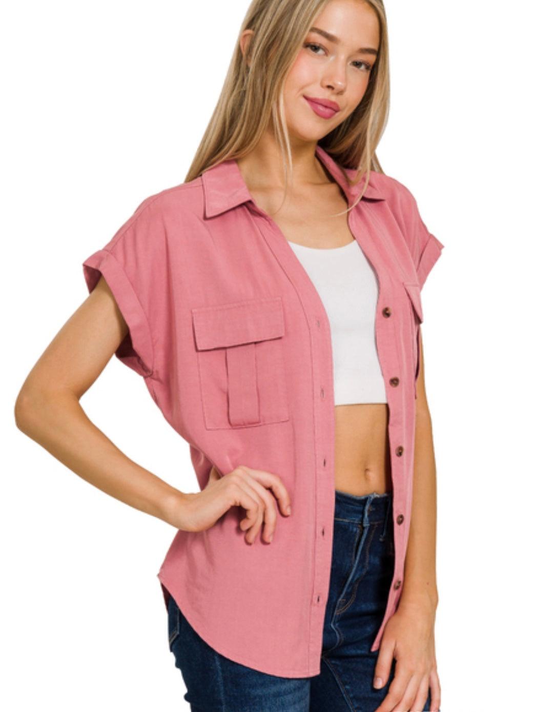 Tencel V-neck Collared Top with Front Flap Pockets in Dusty Rose