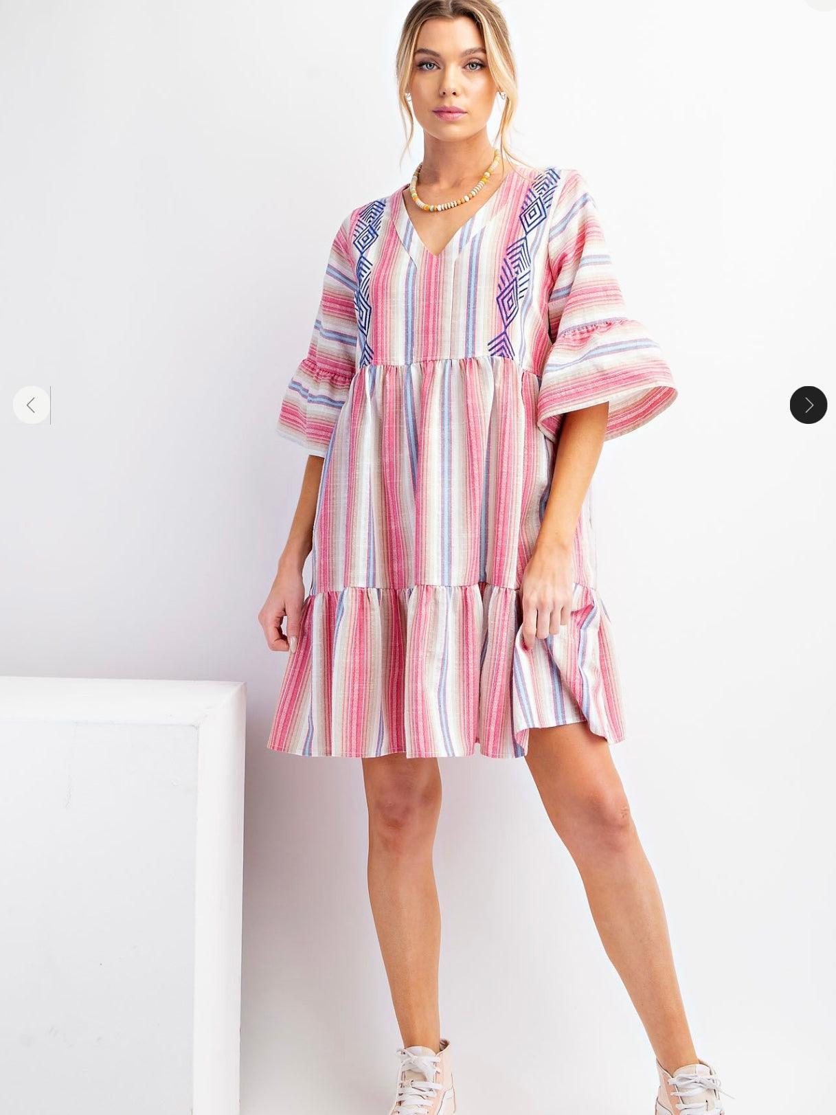 Striped Polly Linen Ruffle Bottom Dress