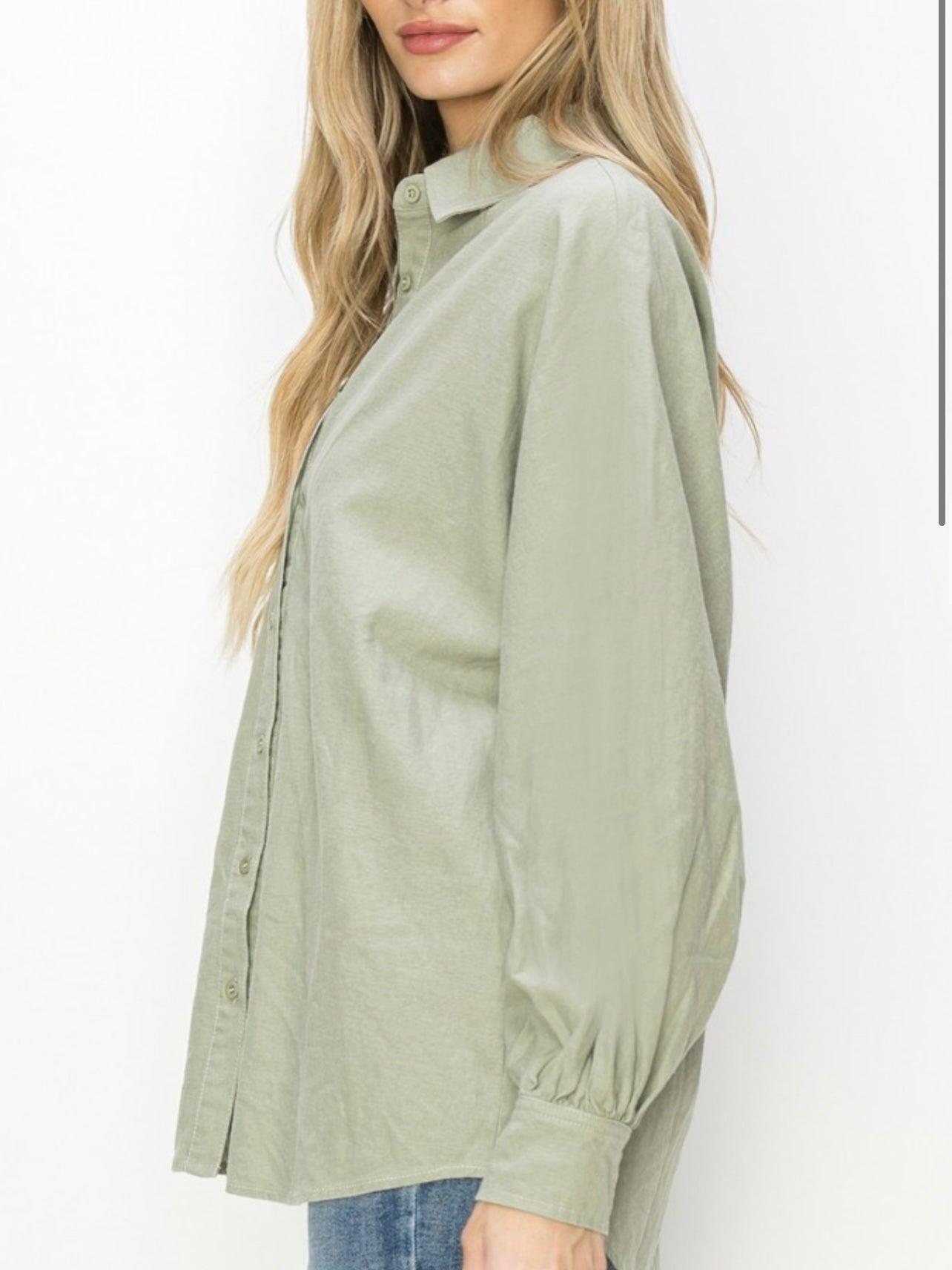 Classic Fit Button Down Linen Shirt in Sage