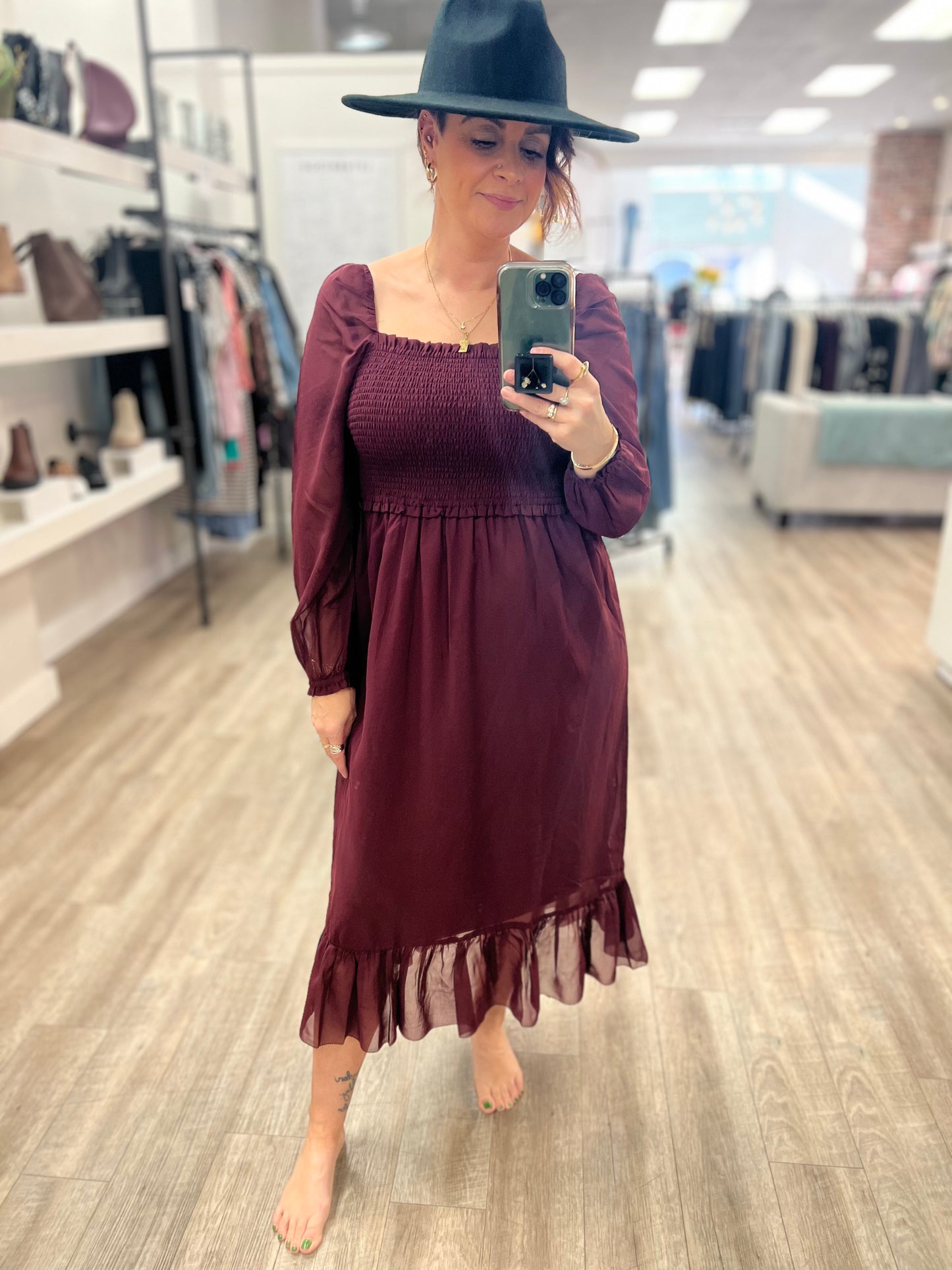 Harper Smocked Maxi Dress in Burgundy