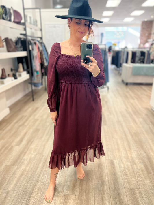 Harper Smocked Maxi Dress in Burgundy