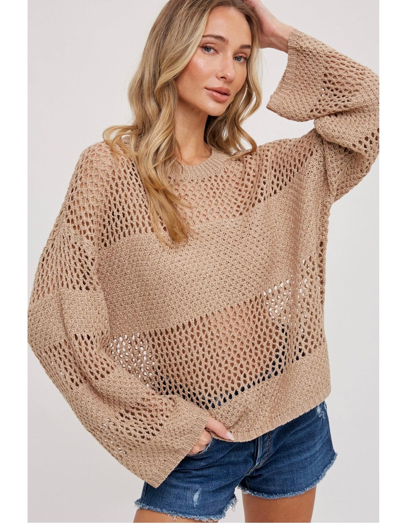 Open Knit Sweater Pullover in Taupe