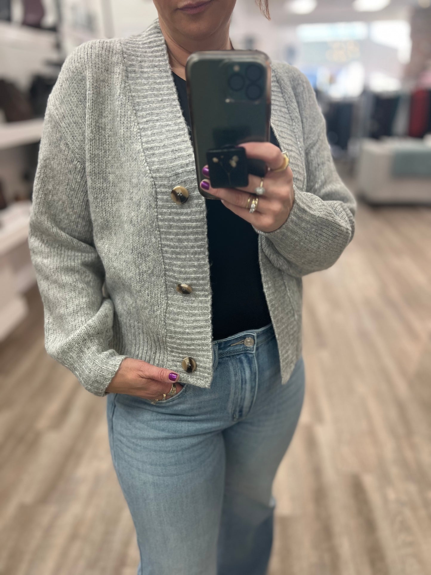 Melange Drop Shoulder Button Front Sweater Cardi in Heather Grey