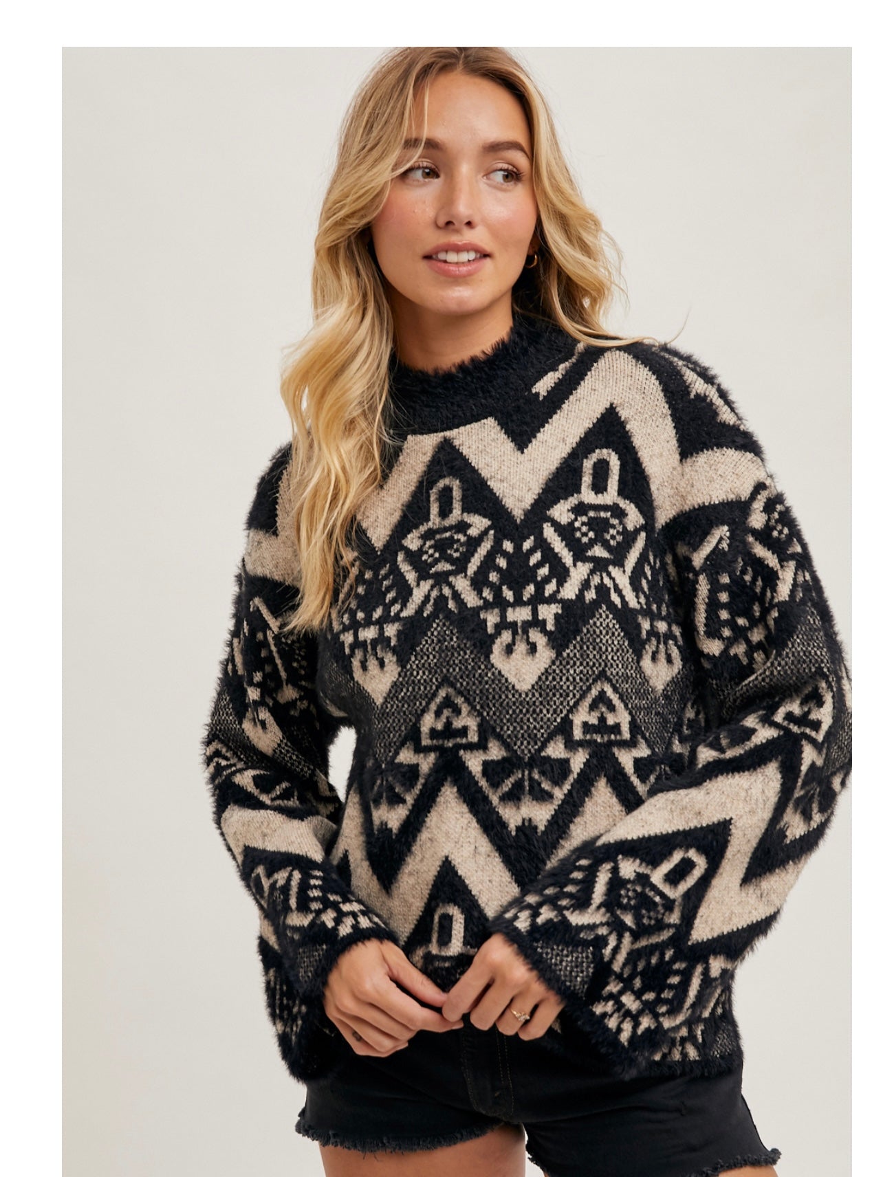 Aztec Mock Neck Knit Sweater in Black