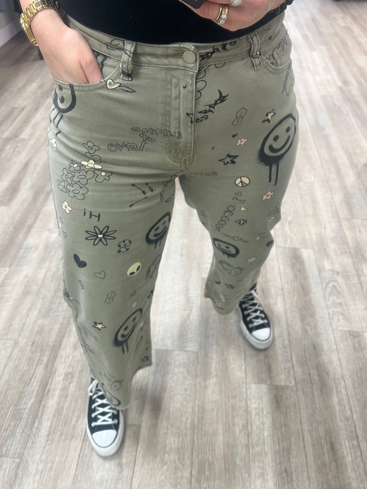Funny Print Stretch Washed Denim in Faded Olive