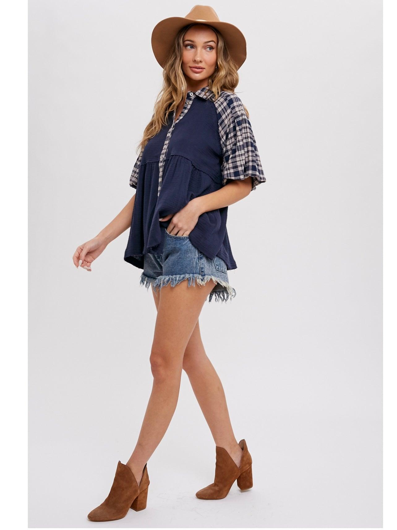 Babydoll Shirt with Puff Sleeves in Navy