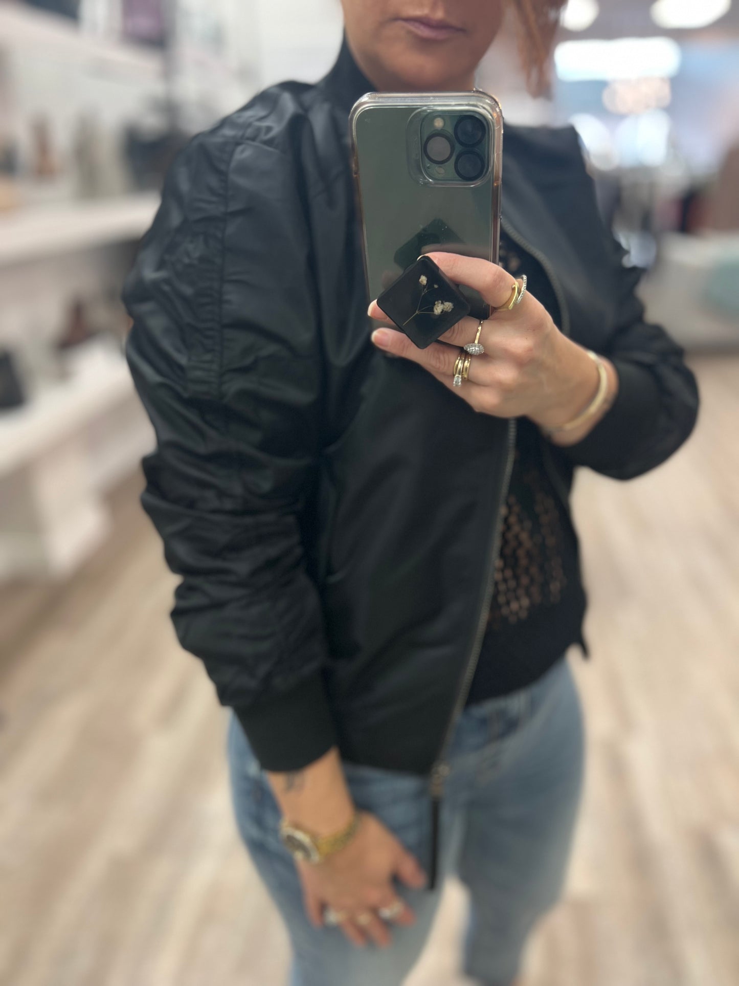 Parachute Zip Up Bomber Jacket in Black