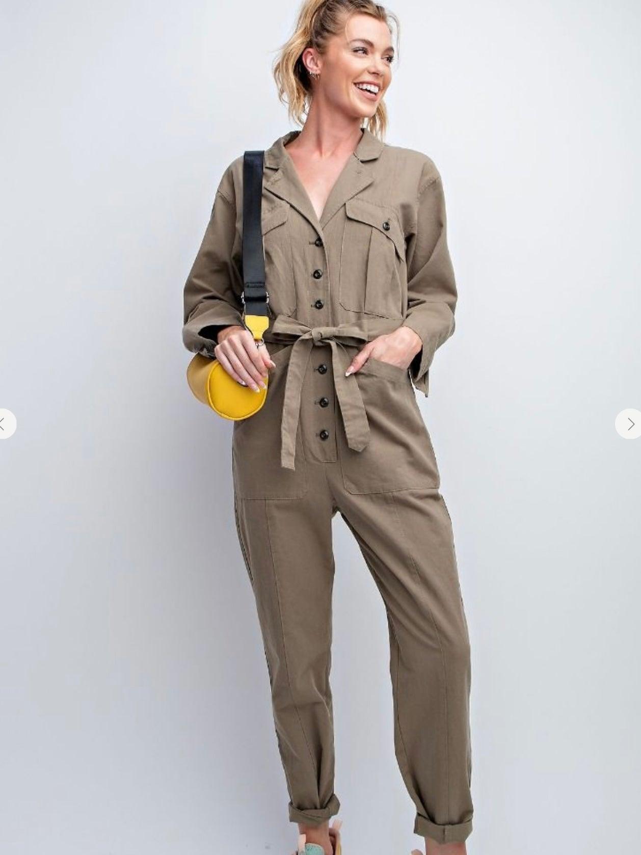 Button Down Jumpsuit in Faded Olive