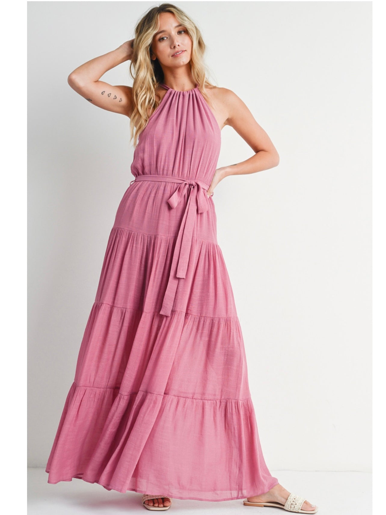 Tiered Halter Tie-Waist Maxi Dress in Rose