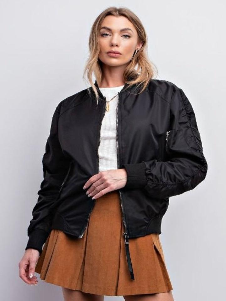 Parachute Zip Up Bomber Jacket in Black