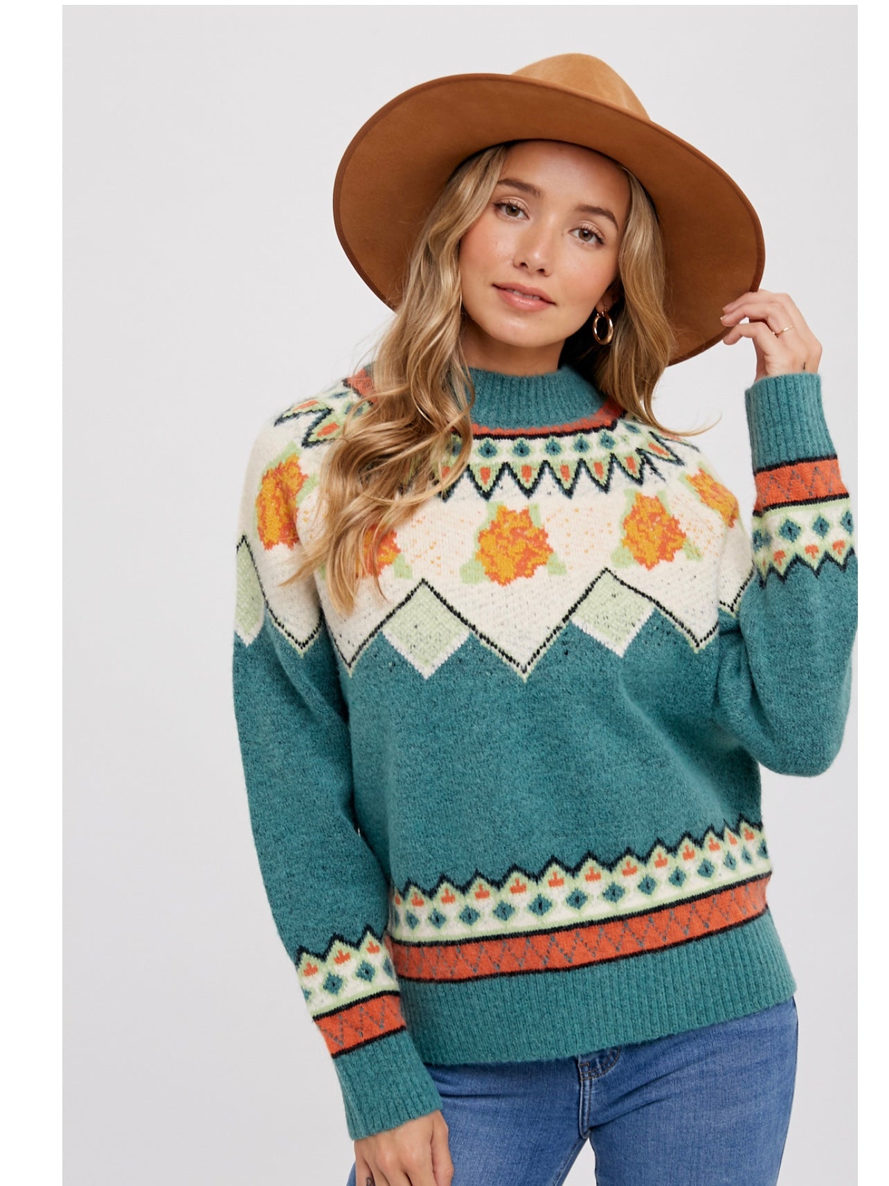 Mock Neck Fair Isle Sweater in Mint