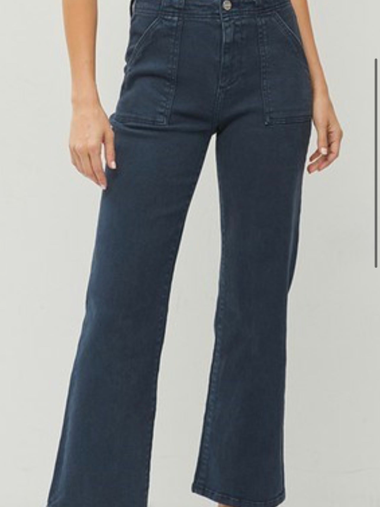 High Rise Patch Pockets Ankle Flare Pants in Blueberry