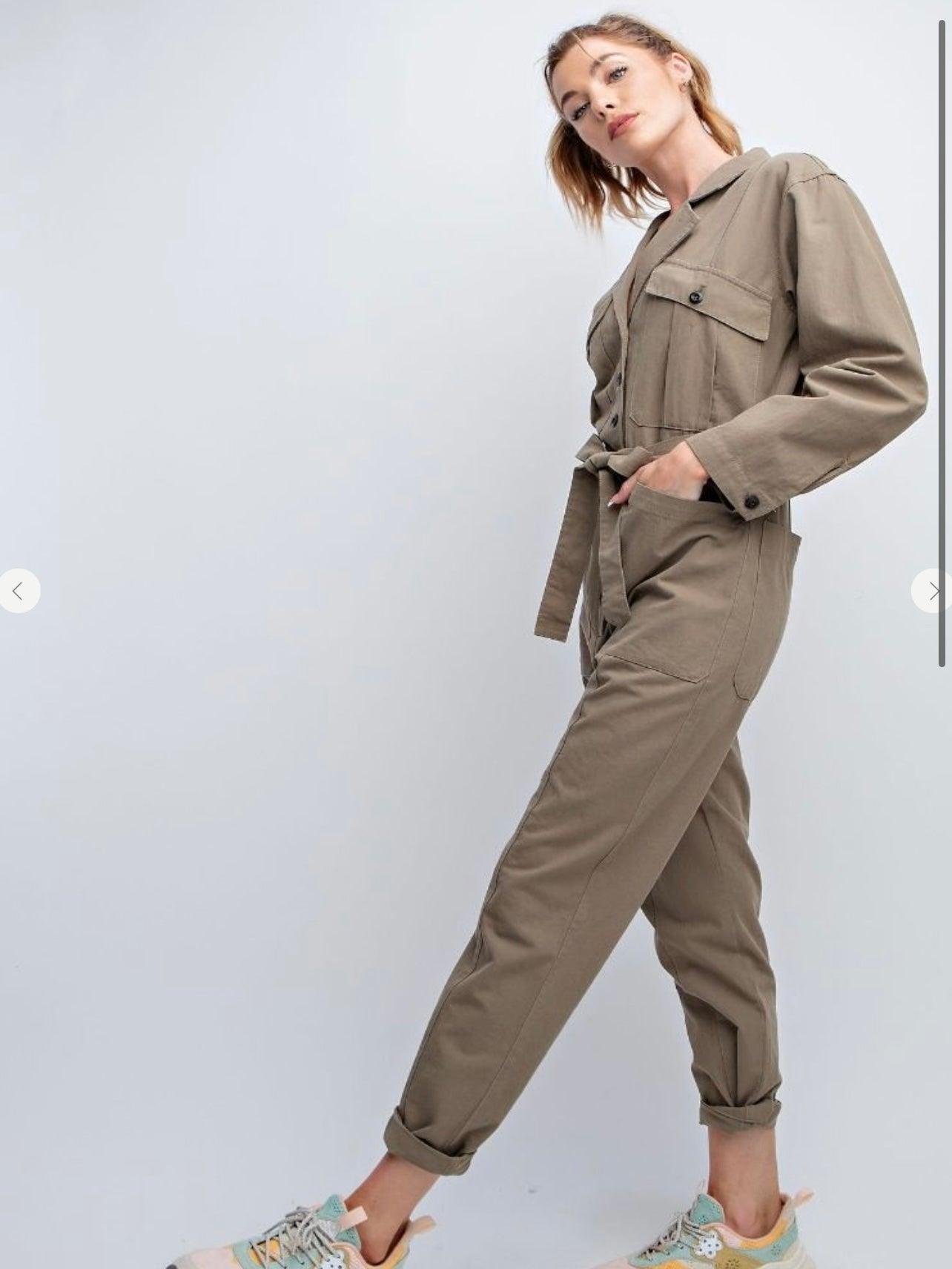 Button Down Jumpsuit in Faded Olive