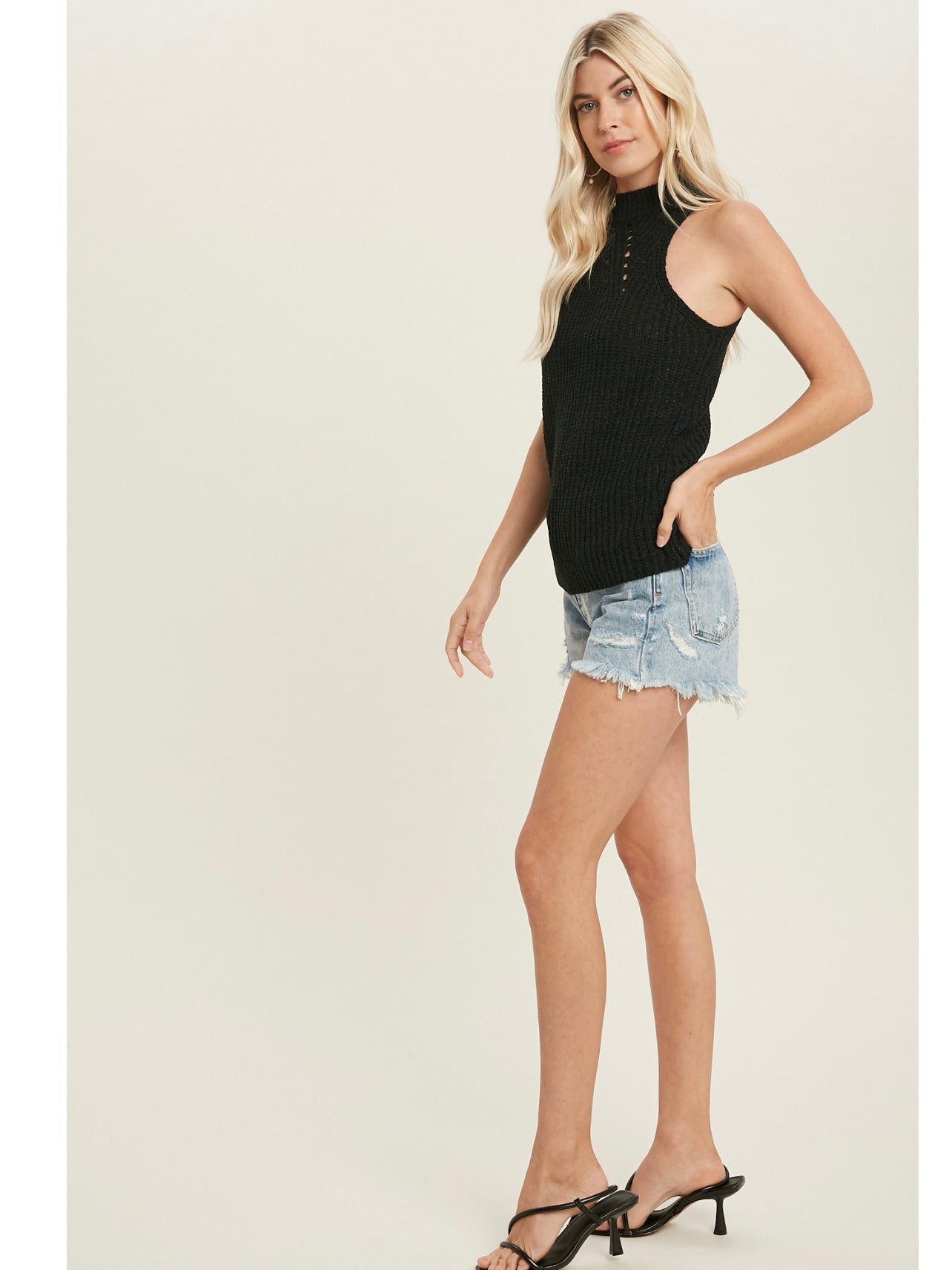 High Neck Sleeveless Knit Top in Black
