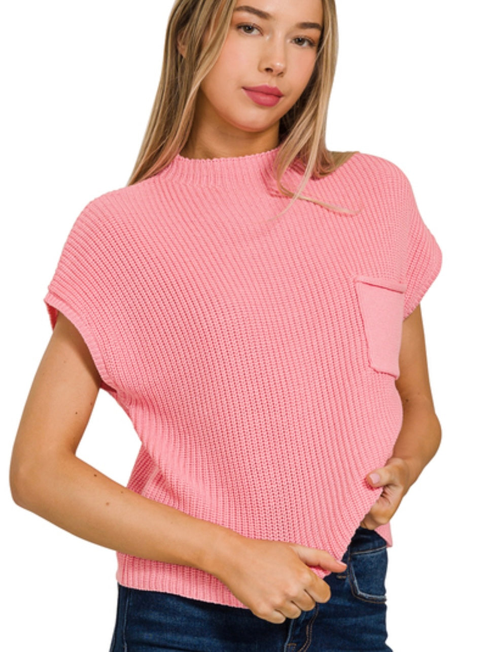 Mock Neck Short Sleeve Cropped Sweater in Pink
