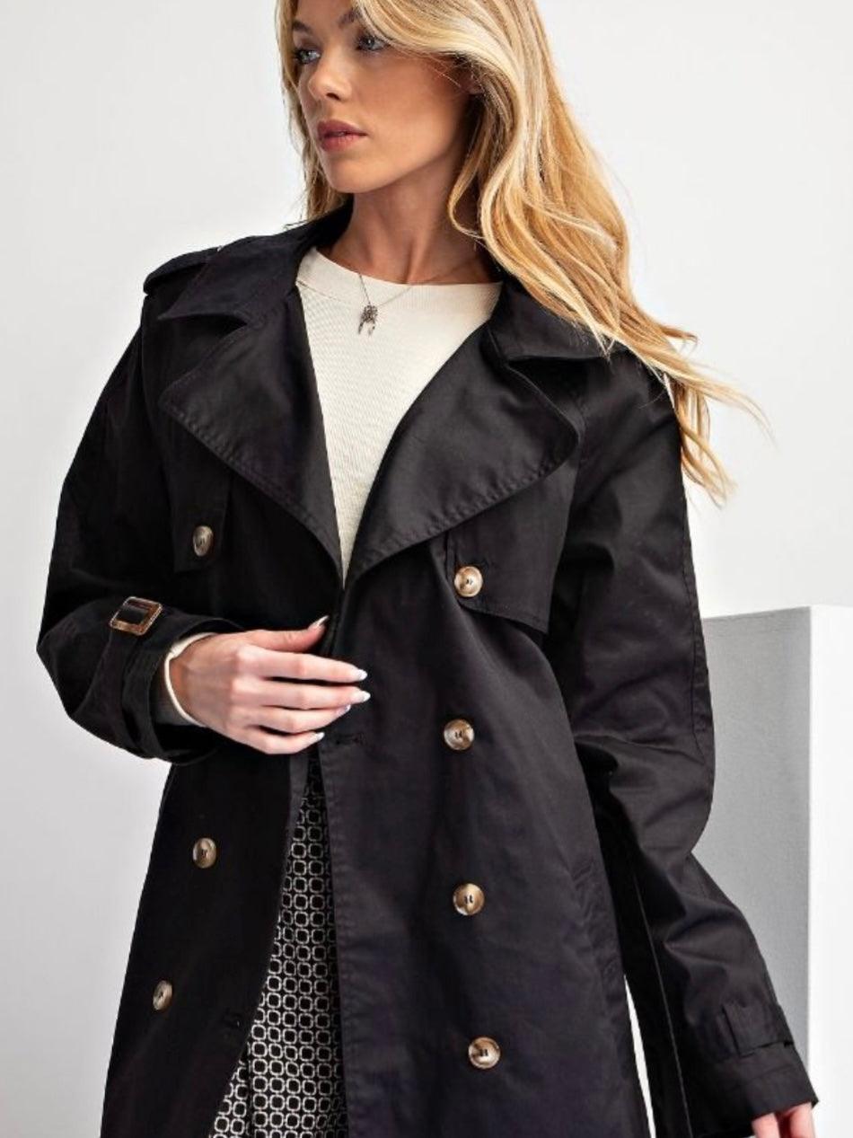 Belted Waist Classic Trench Coat in Black