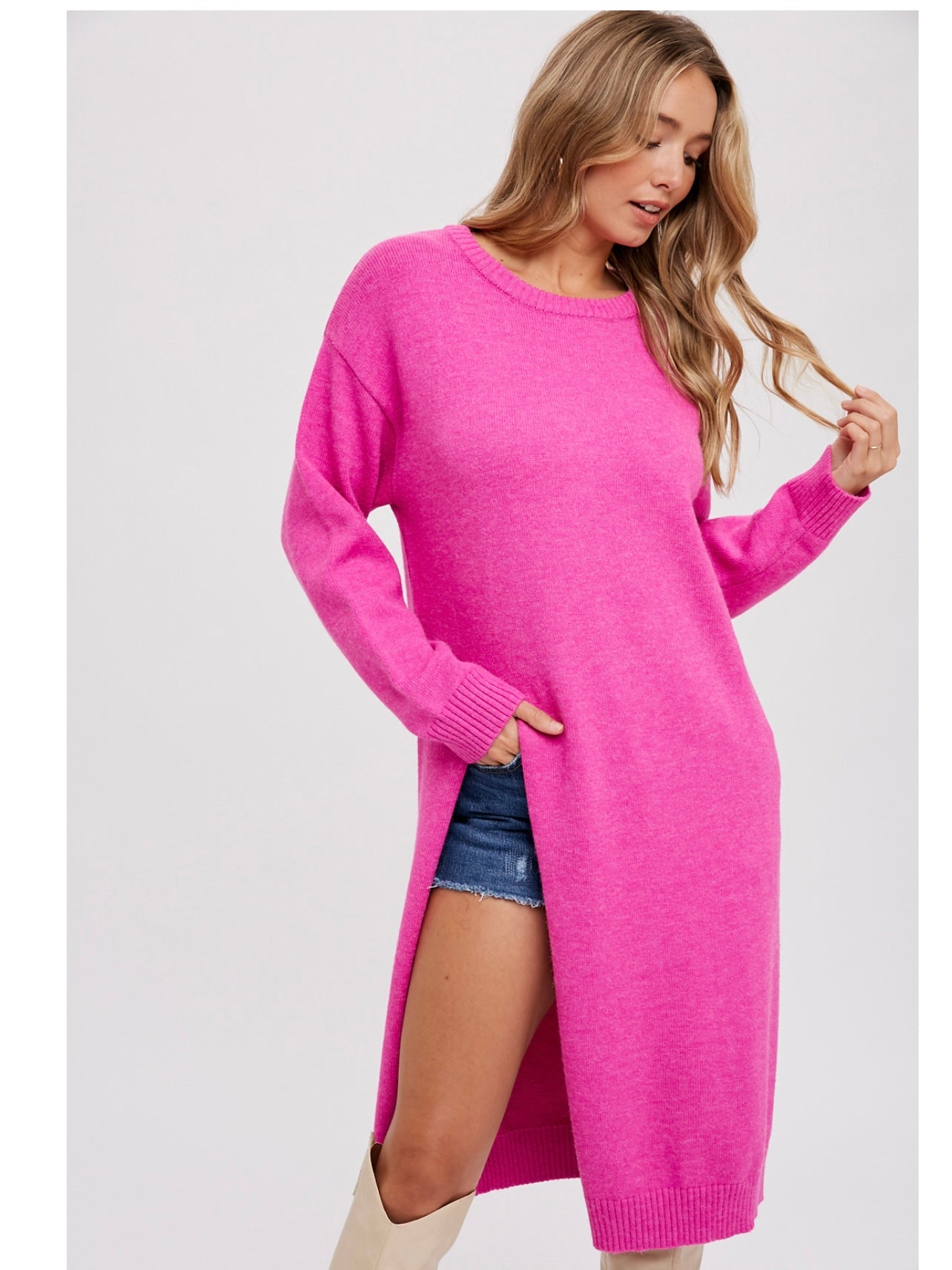 High Slit Longline Pullover in Hot Pink