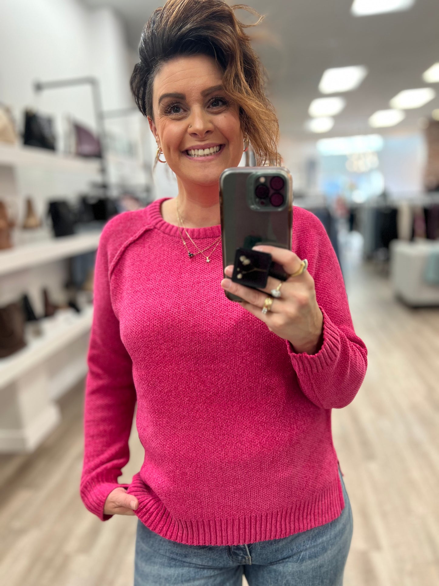 Chenille Round Neck Raglan Long Sleeve Sweater in Hot Pink