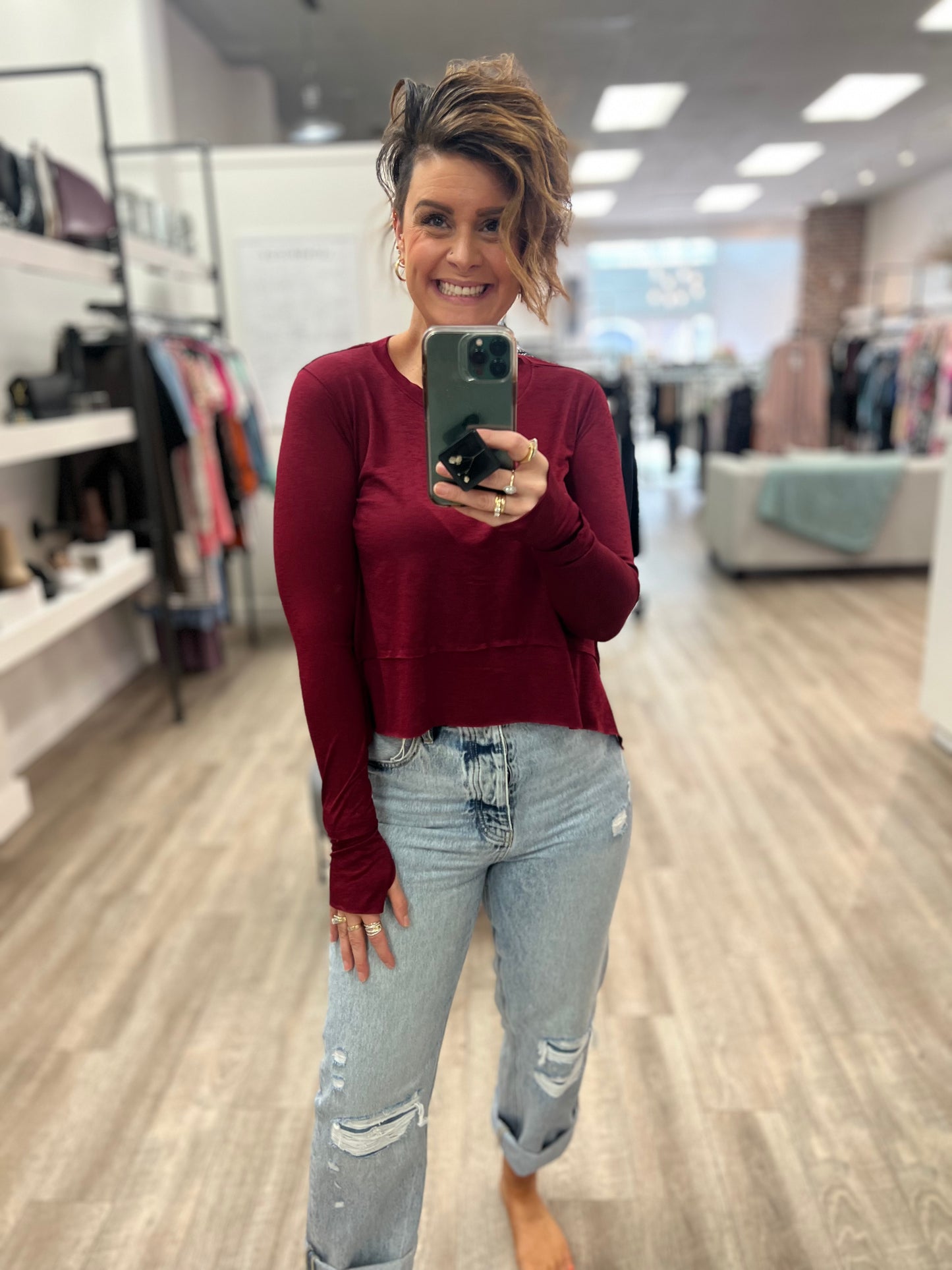 Side Slit Long Sleeve Top in Cabernet