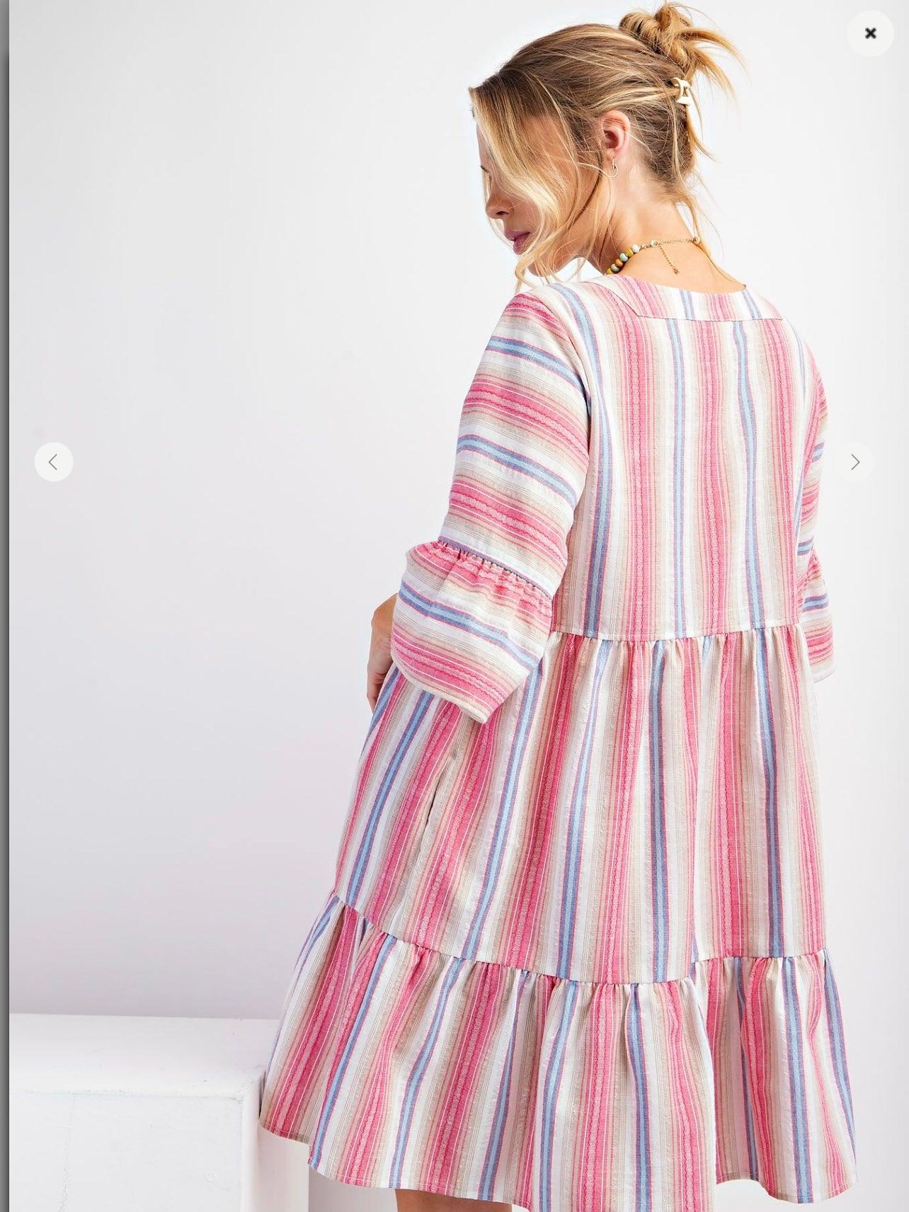 Striped Polly Linen Ruffle Bottom Dress