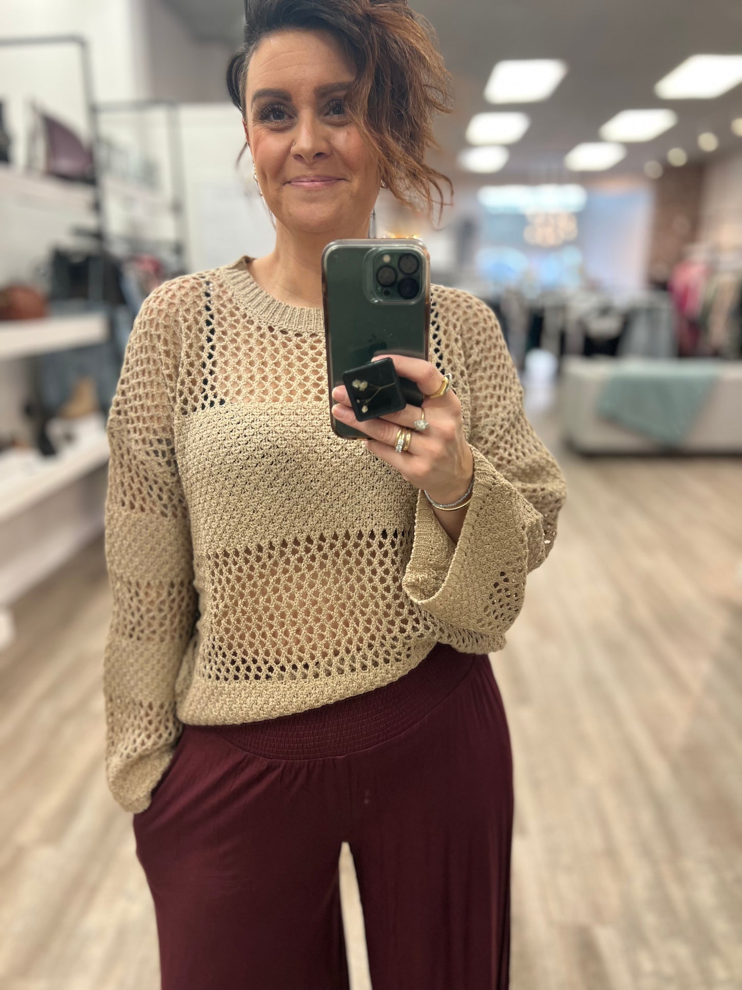 Open Knit Sweater Pullover in Taupe