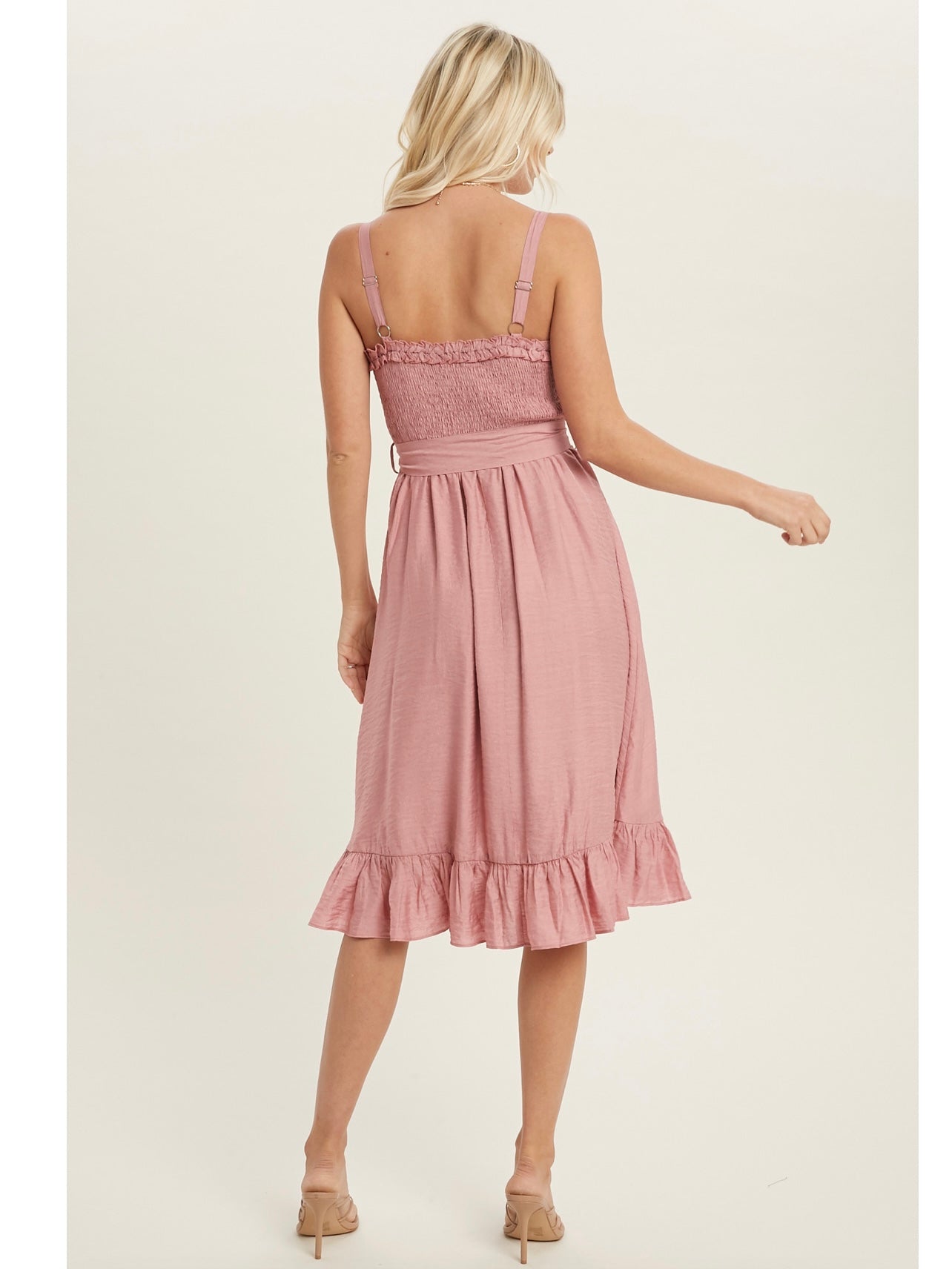 Sweetheart Ruffled Midi Dress in Dusty Pink