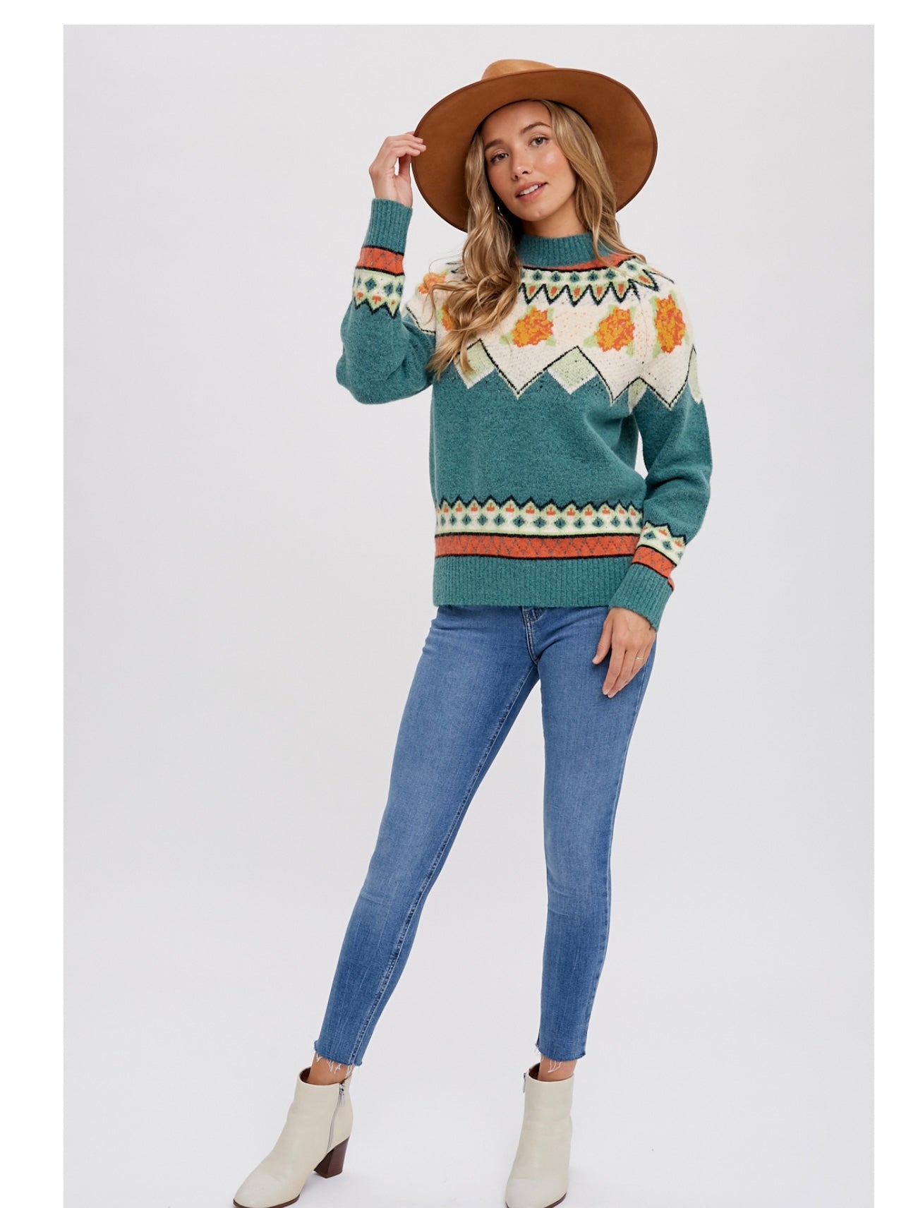 Mock Neck Fair Isle Sweater in Mint