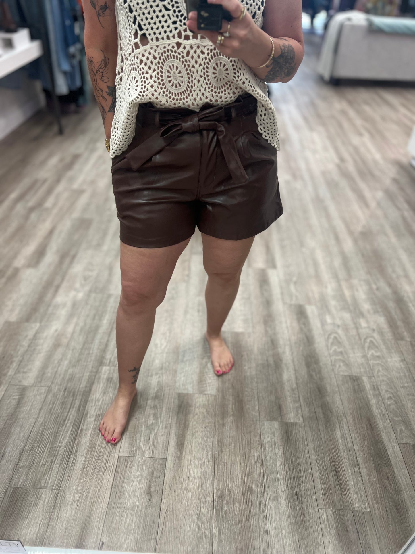 Fawn Faux Leather Shorts in Dark Brown