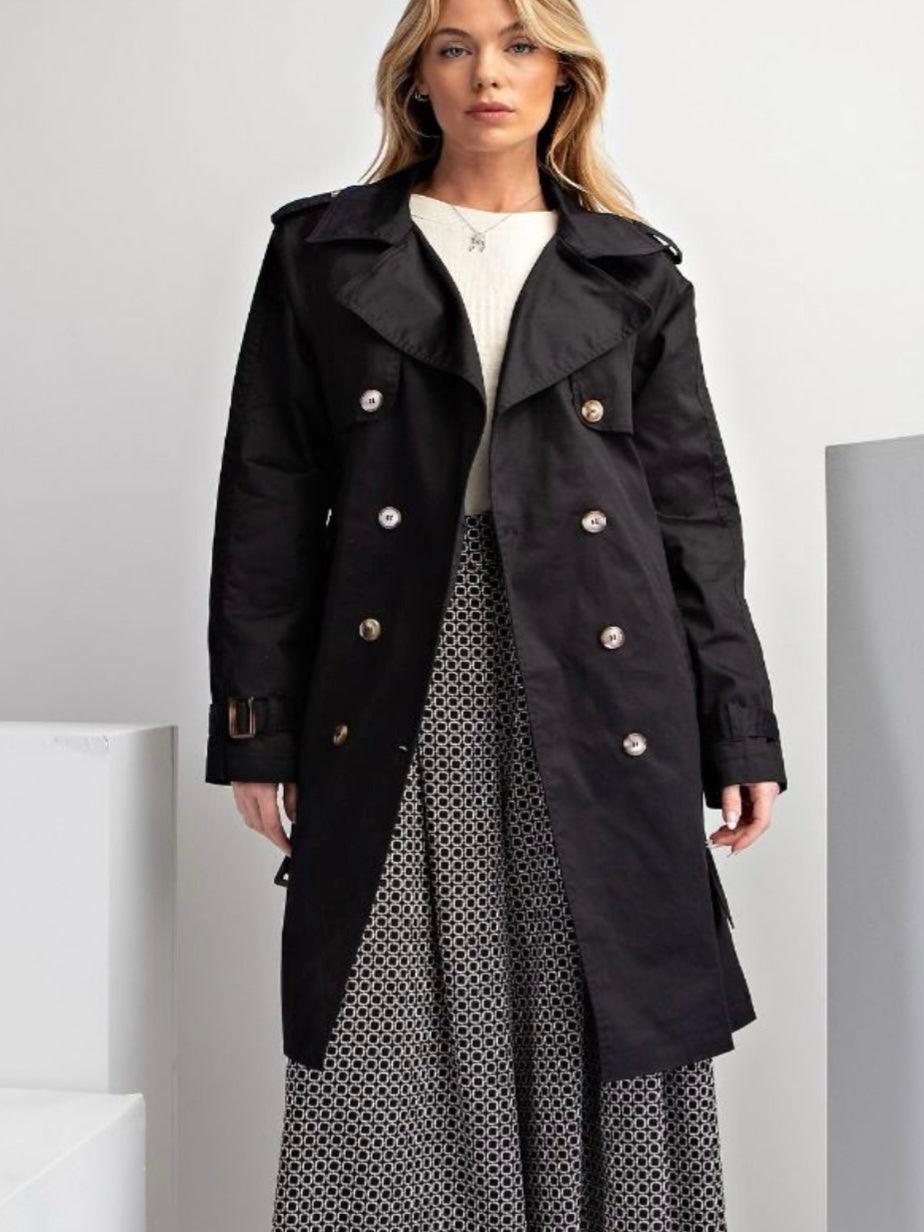 Belted Waist Classic Trench Coat in Black