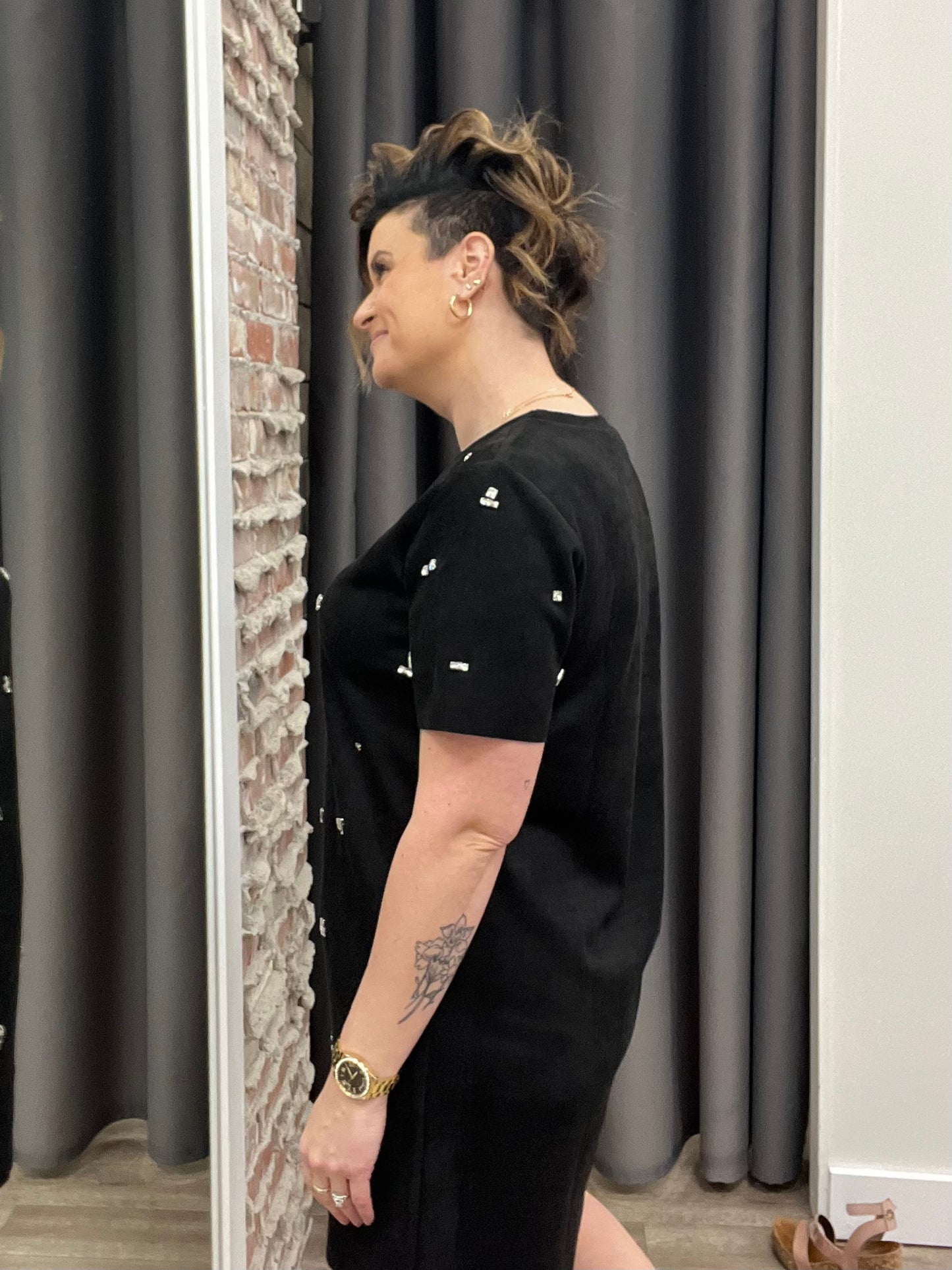 The Amanda-Rhinestone Adorned Faux Suede Shift Dress in Black