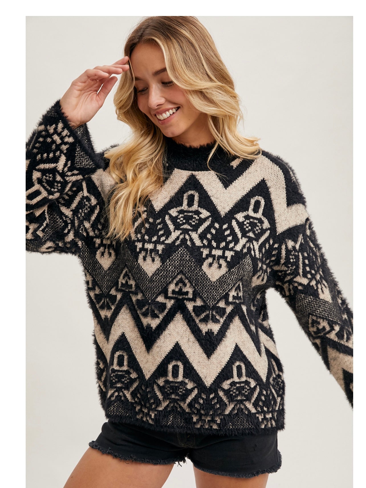 Aztec Mock Neck Knit Sweater in Black