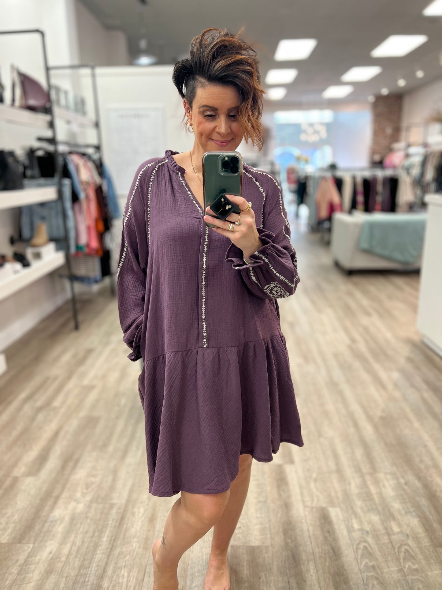 Cotton Gauze Embroidered Dress in Eggplant