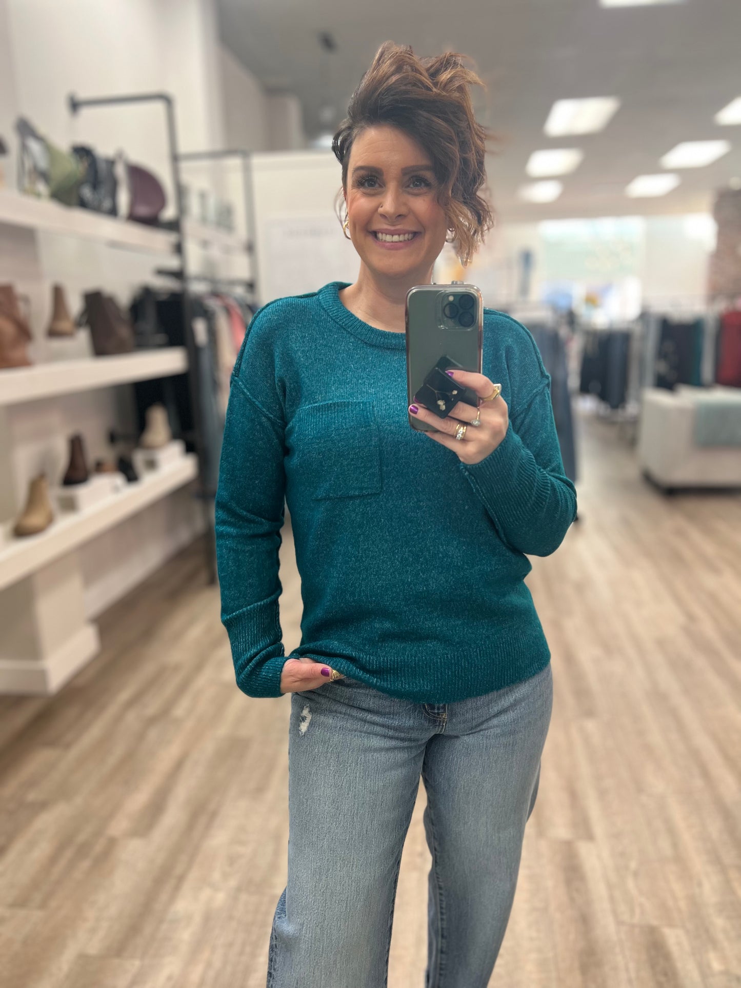 Melange Hi-Low Hem Pocket Round Neck Sweater in Hot Ocean Teal