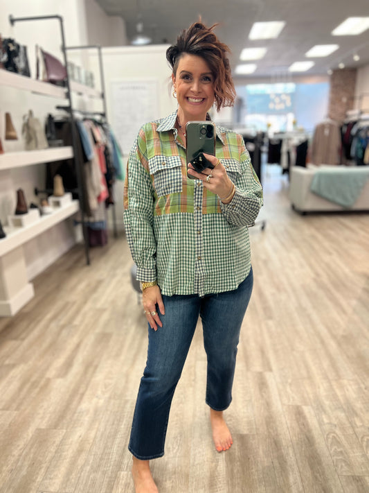 Mix N Match Plaid Printed Button Down Shirt in Teal Green