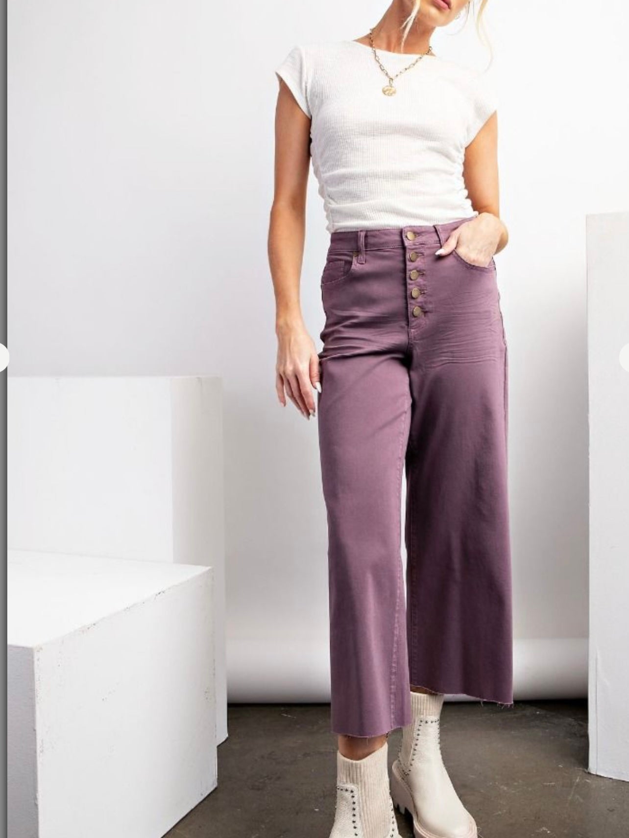 Button Front Stretch Twill Pants in Dusty Taro