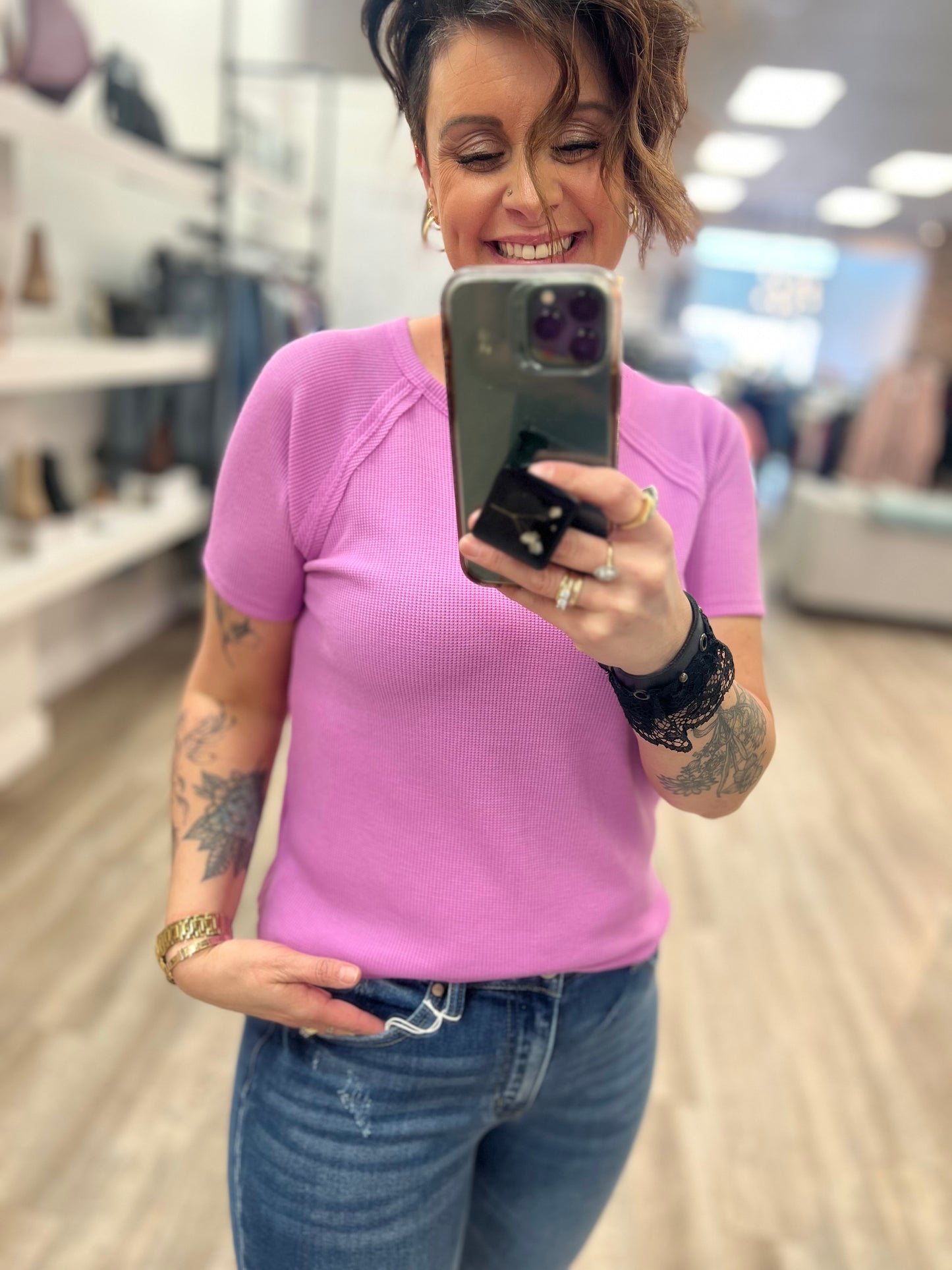 Baby Waffle Short Sleeve Top in Bright Mauve