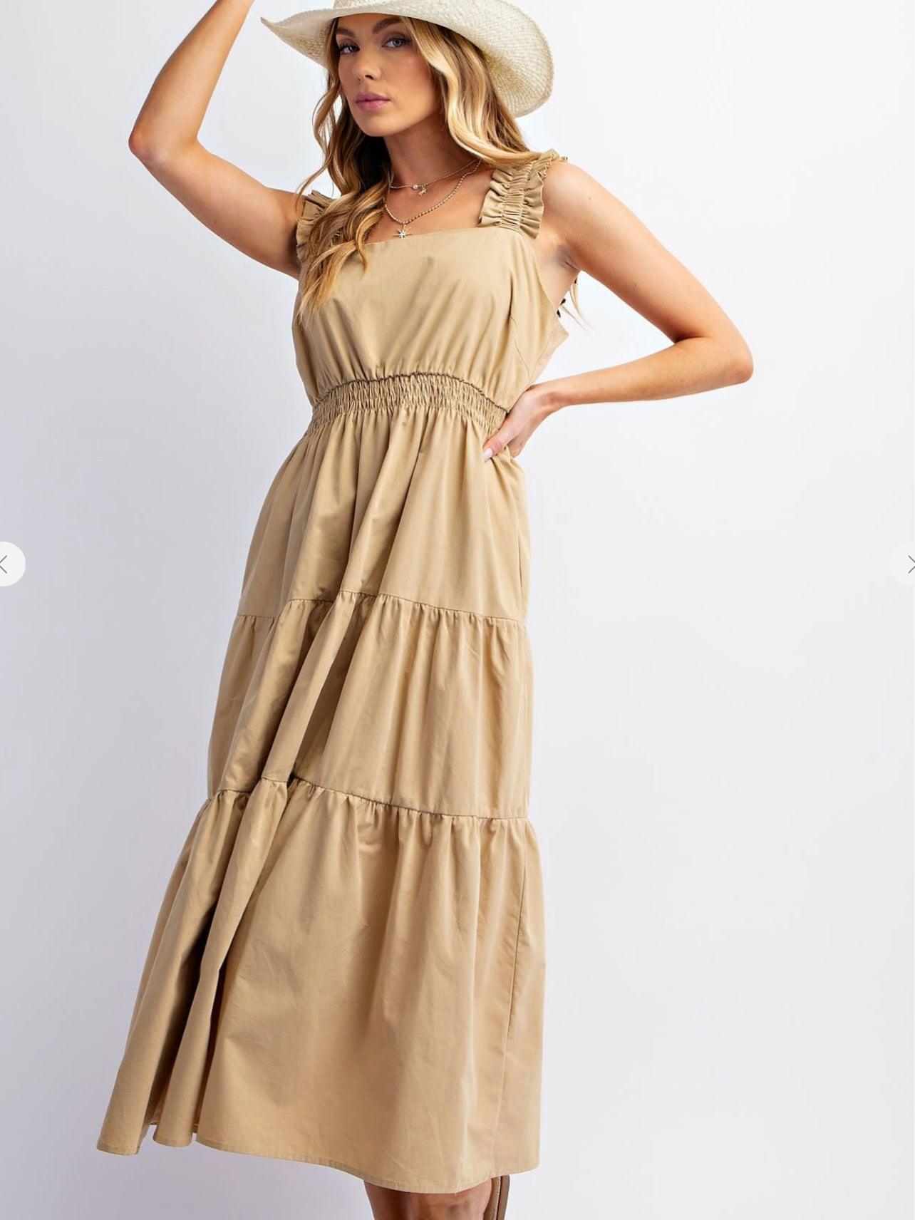 Ruffle Strap Cotton Poplin Tiered Maxi Dress in Khaki