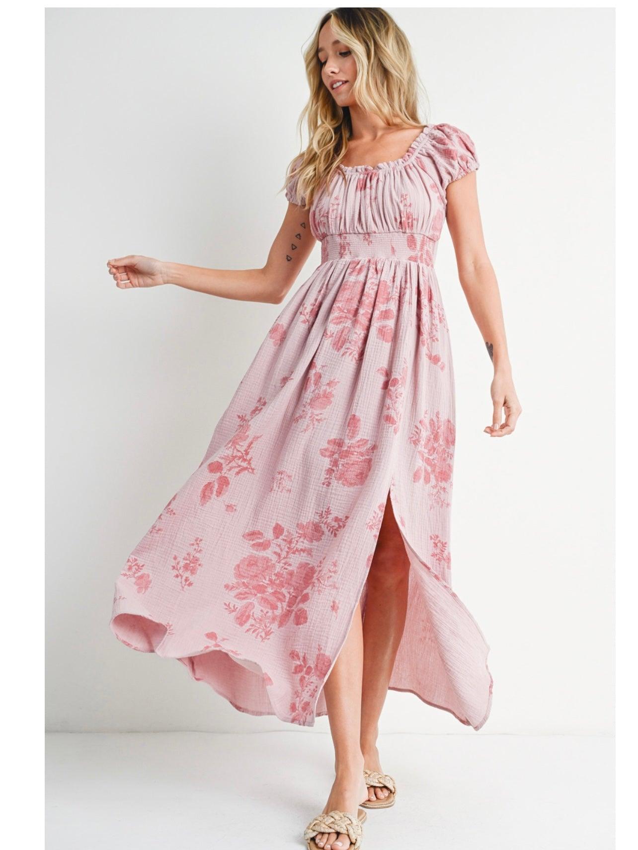 Floral Print Babydoll Maxi Dress in Dusty Pink The Salty Clothing Co