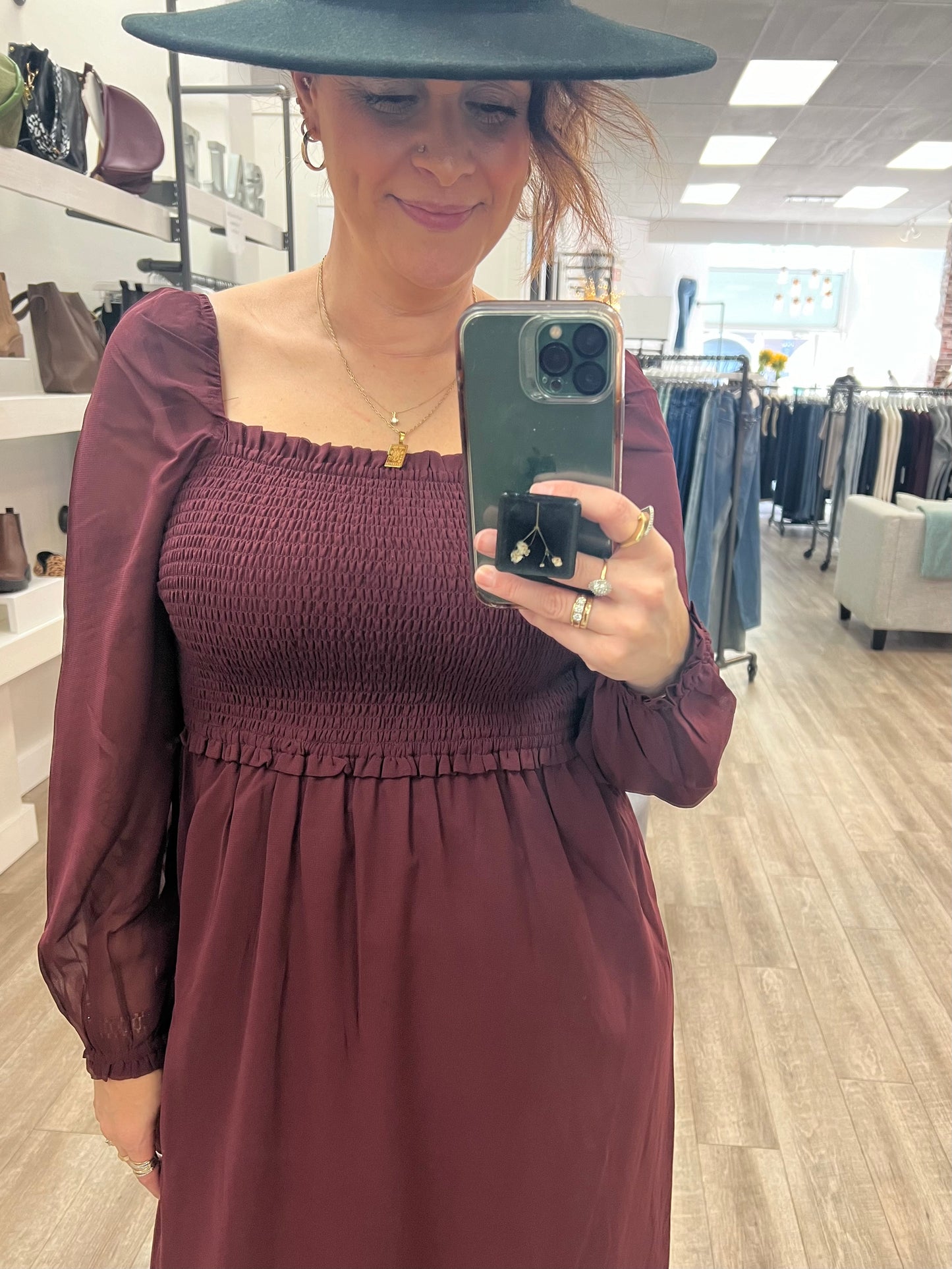 Harper Smocked Maxi Dress in Burgundy