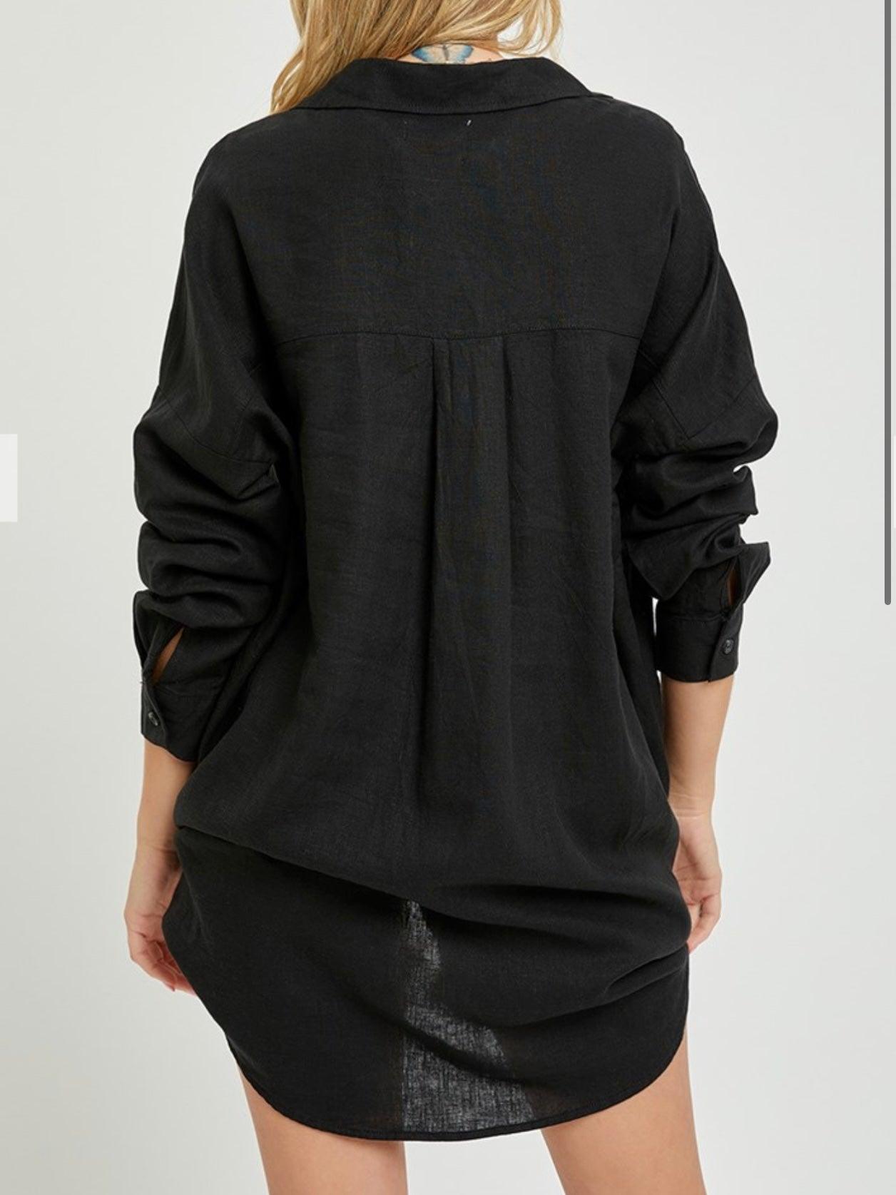 Oversized Popover Linen Shirt in Black